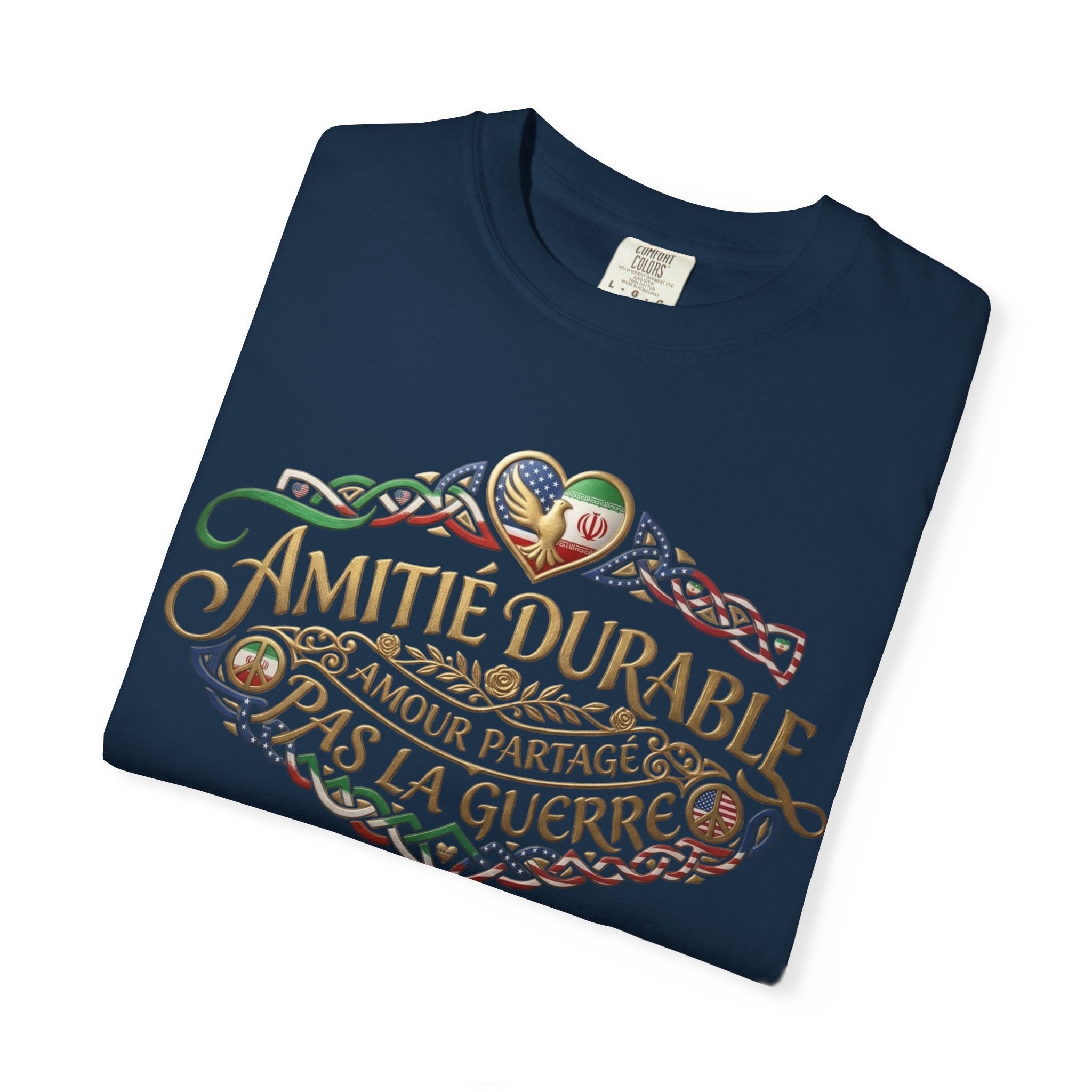 T-Shirt — "Amitié Durable, Amour Partagé, Pas la Guerre" Vintage Peace Heart Design