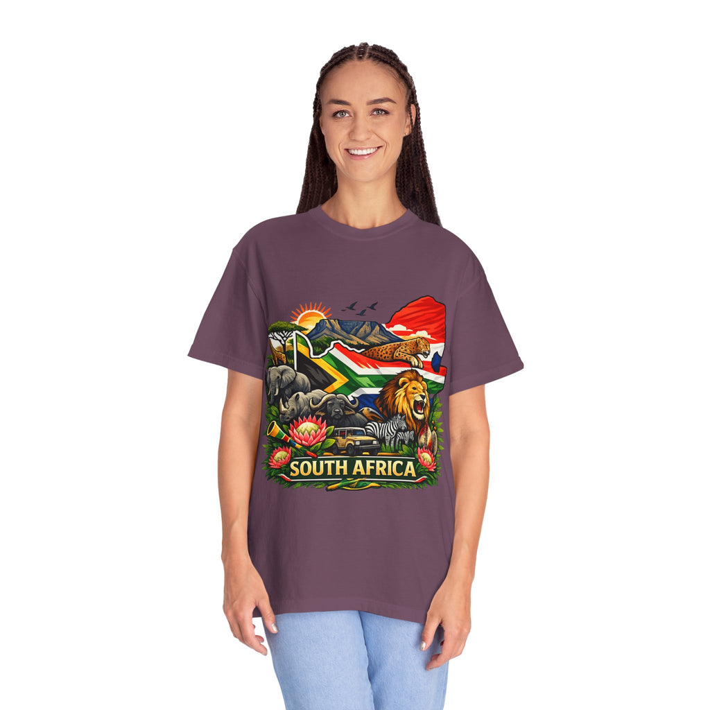 South Africa Wildlife Graphic T-Shirt — Lion, Rhino & Protea Design