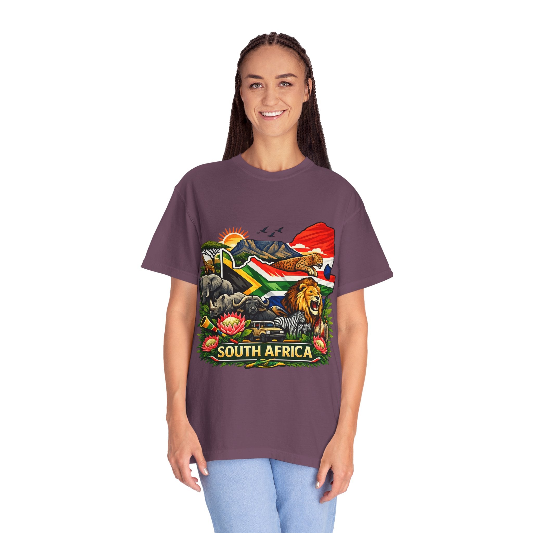 South Africa Wildlife Graphic T-Shirt — Lion, Rhino & Protea Design