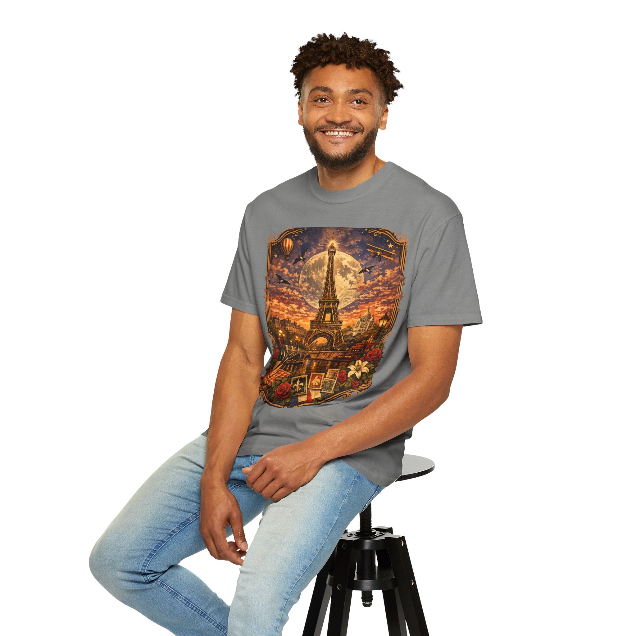 Eiffel Tower Paris Vintage Travel T-Shirt — Moonlit Scenic Souvenir Tee