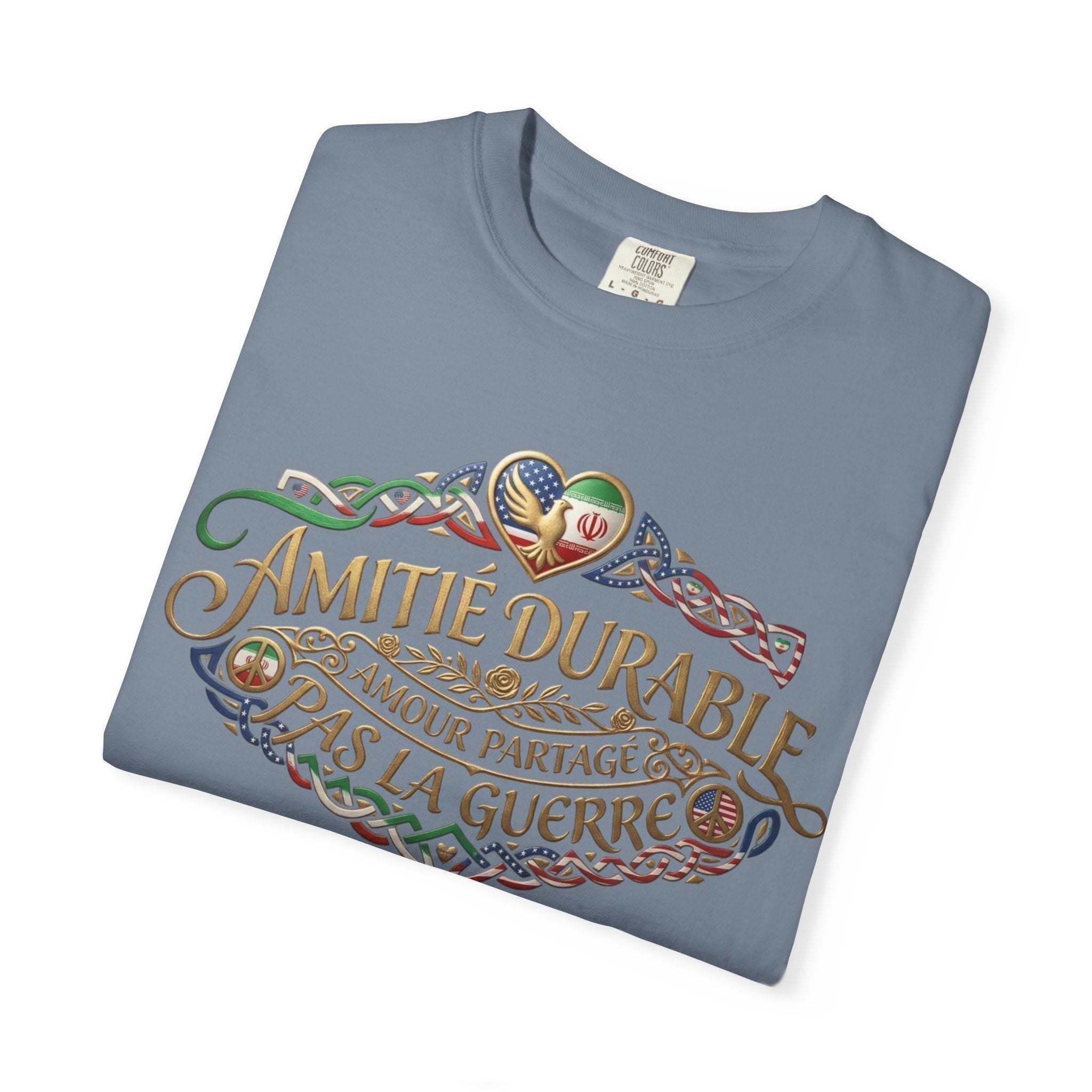 T-Shirt — "Amitié Durable, Amour Partagé, Pas la Guerre" Vintage Peace Heart Design