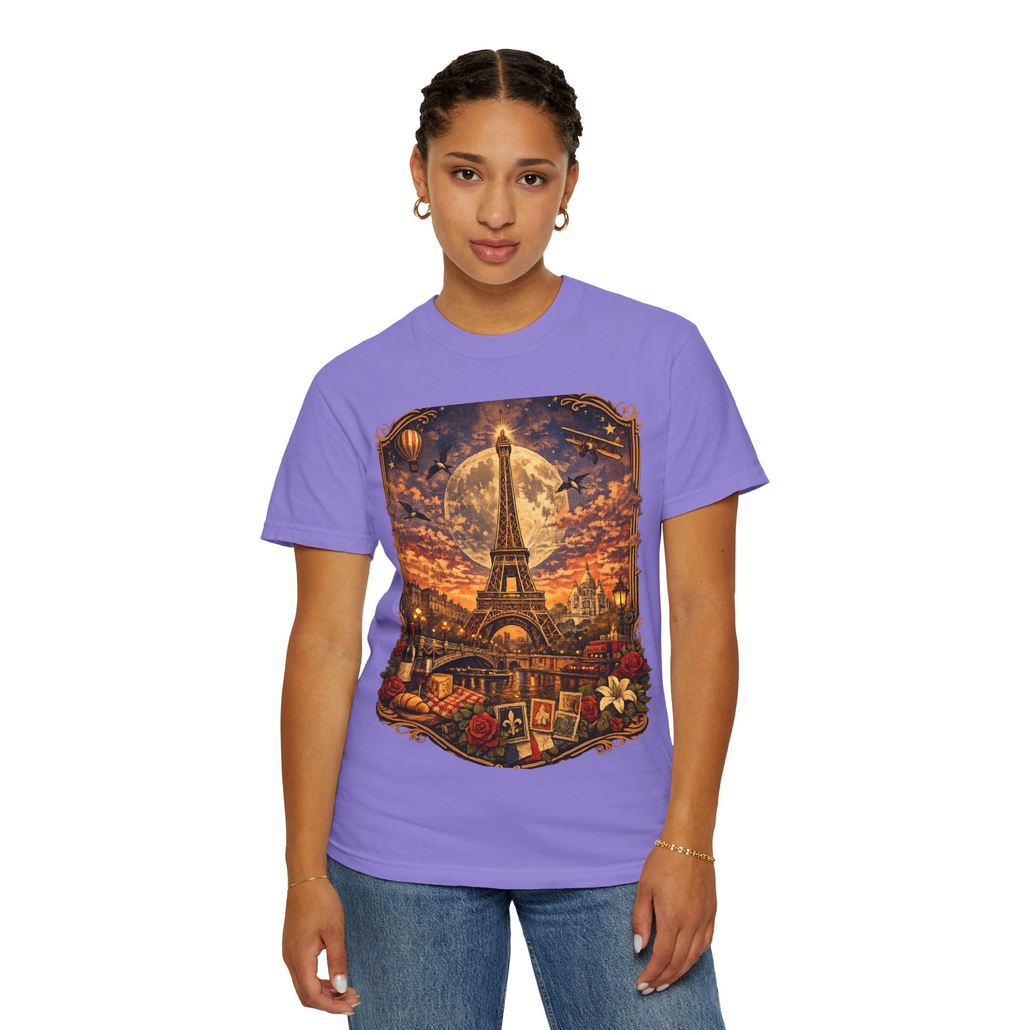 Eiffel Tower Paris Vintage Travel T-Shirt — Moonlit Scenic Souvenir Tee
