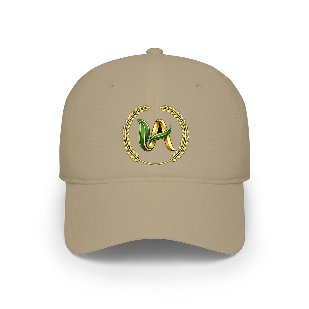 Red Low-Profile Baseball Cap with Golden Laurel & Leaf Embroidery