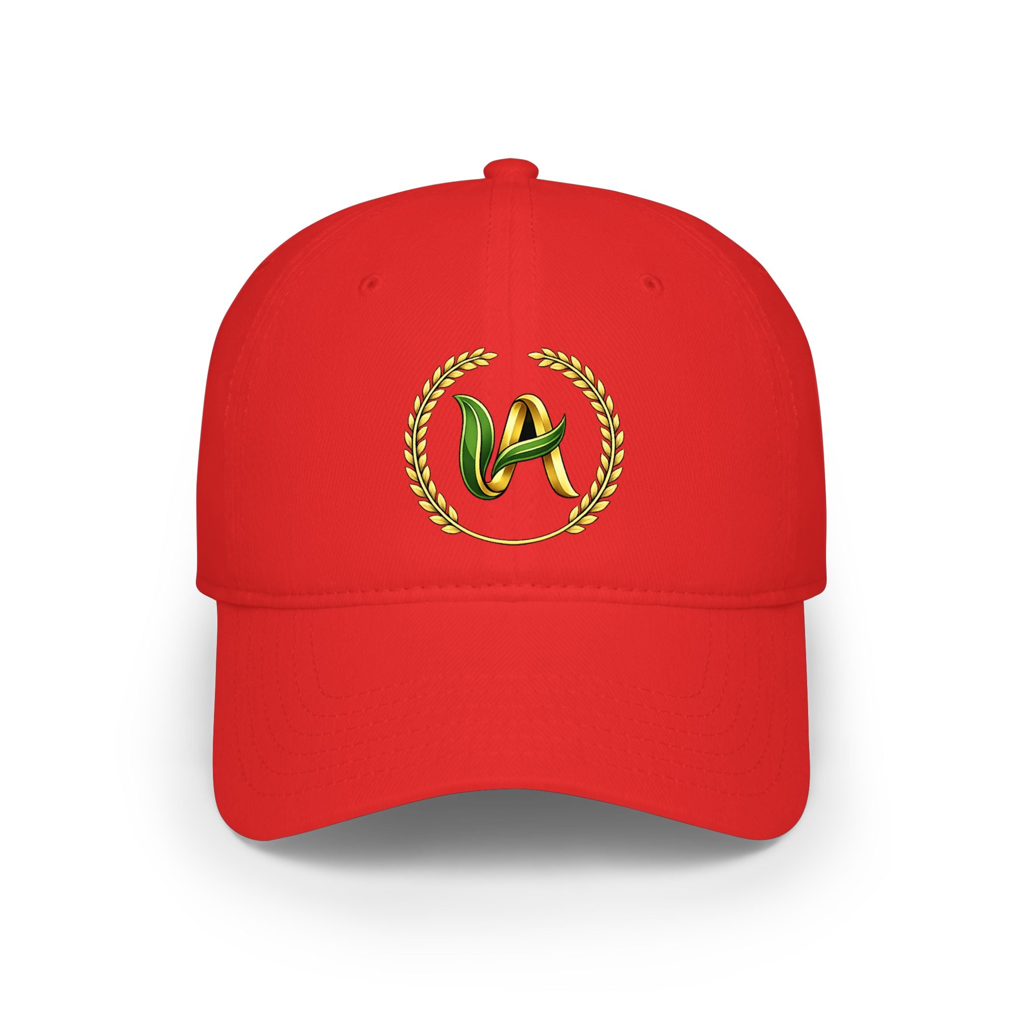 Red Low-Profile Baseball Cap with Golden Laurel & Leaf Embroidery