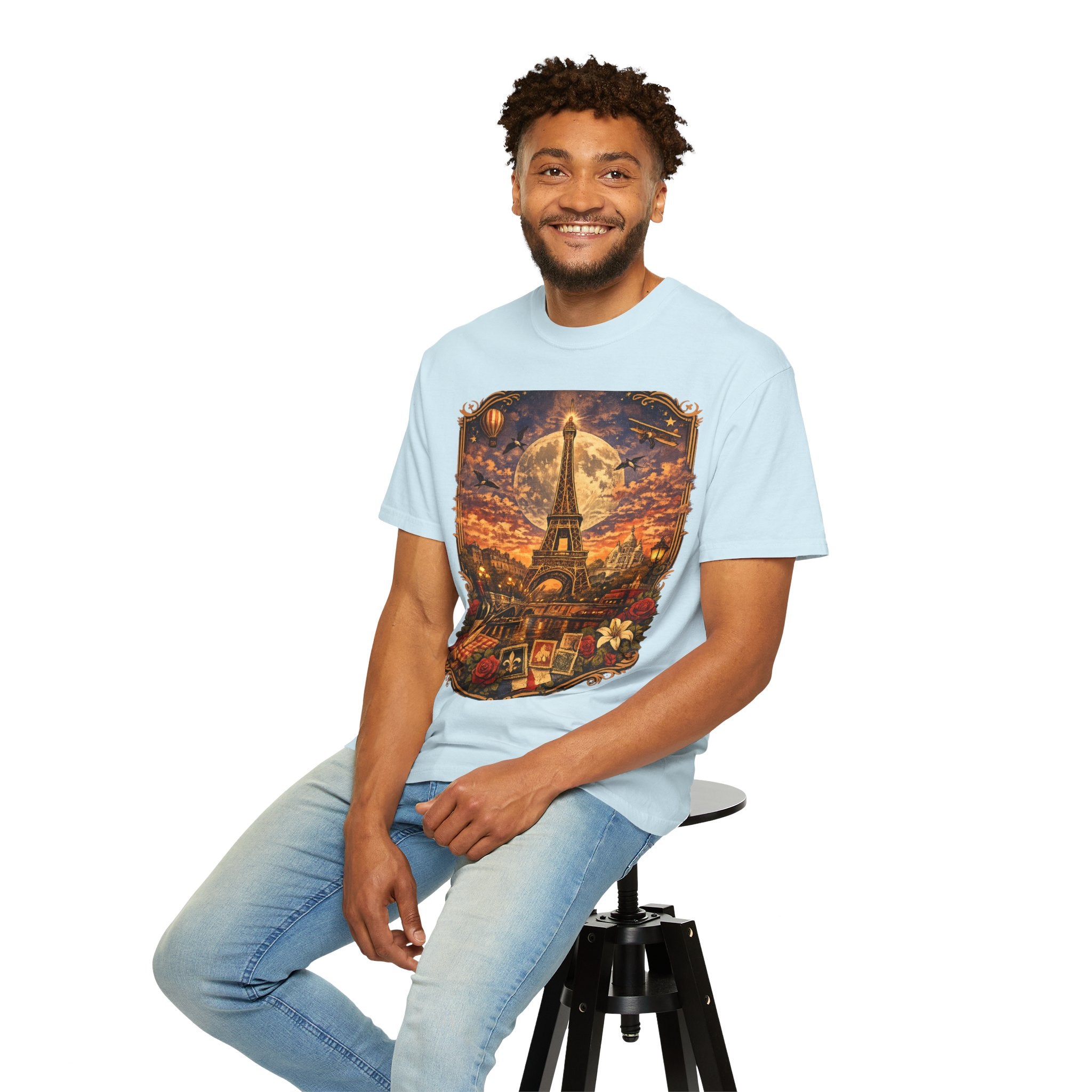 Eiffel Tower Paris Vintage Travel T-Shirt — Moonlit Scenic Souvenir Tee