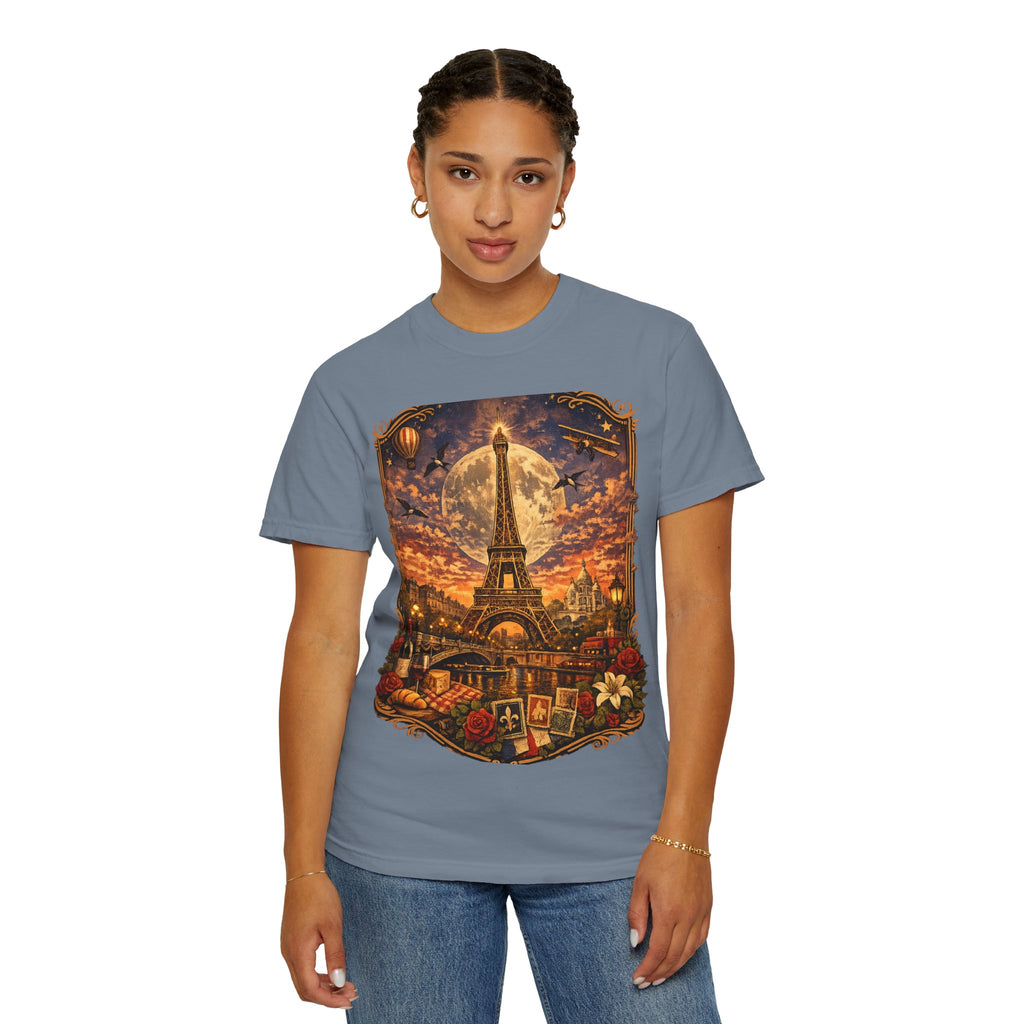 Eiffel Tower Paris Vintage Travel T-Shirt — Moonlit Scenic Souvenir Tee