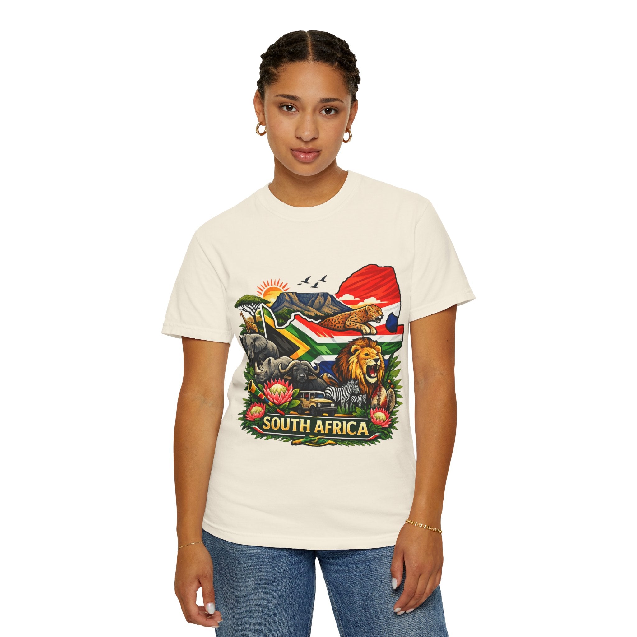 South Africa Wildlife Graphic T-Shirt — Lion, Rhino & Protea Design