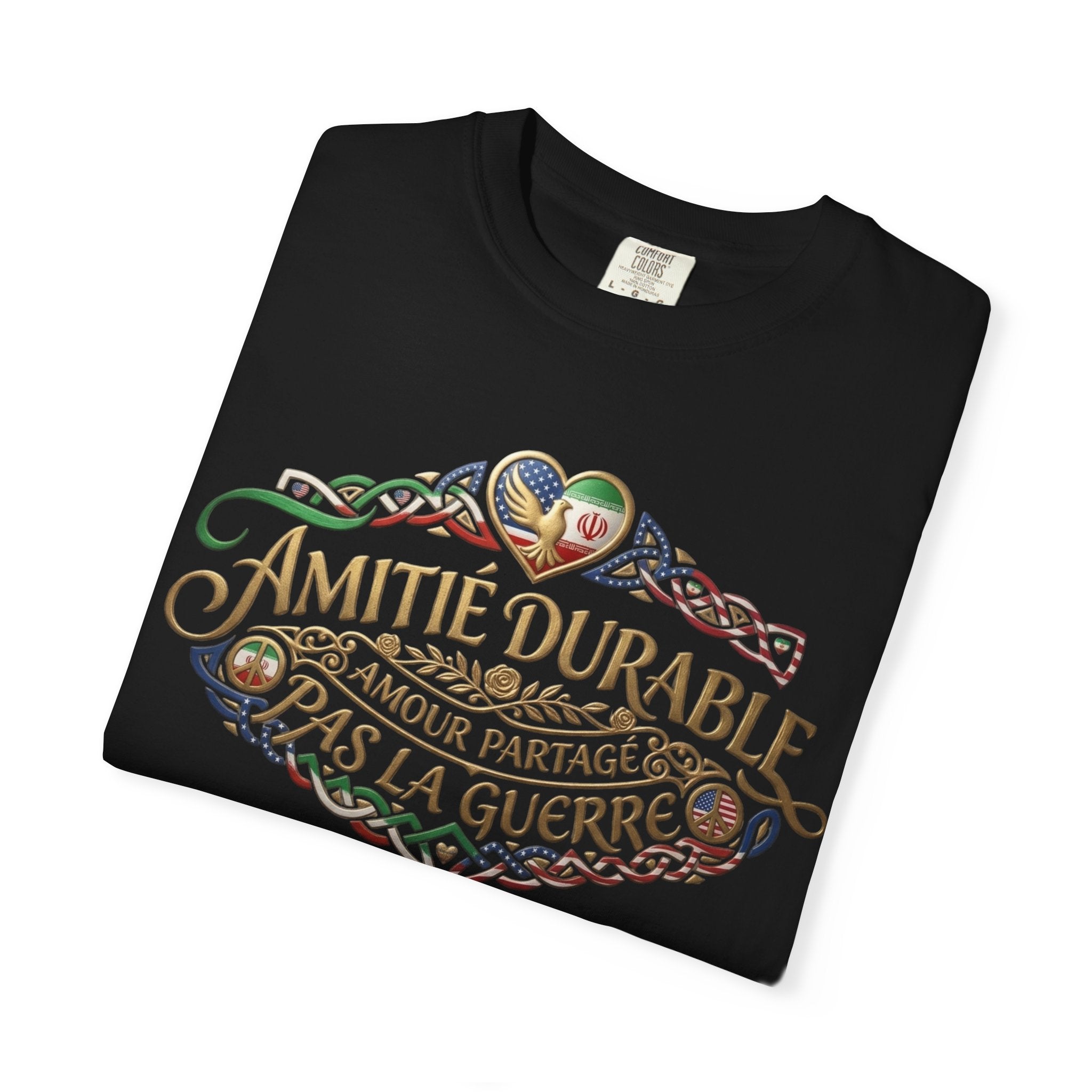 T-Shirt — "Amitié Durable, Amour Partagé, Pas la Guerre" Vintage Peace Heart Design