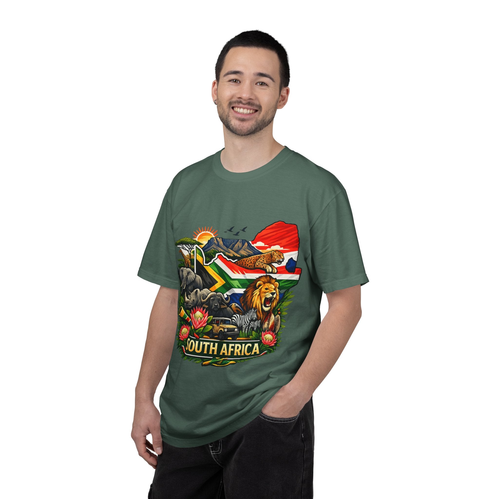 South Africa Wildlife Graphic T-Shirt — Lion, Rhino & Protea Design