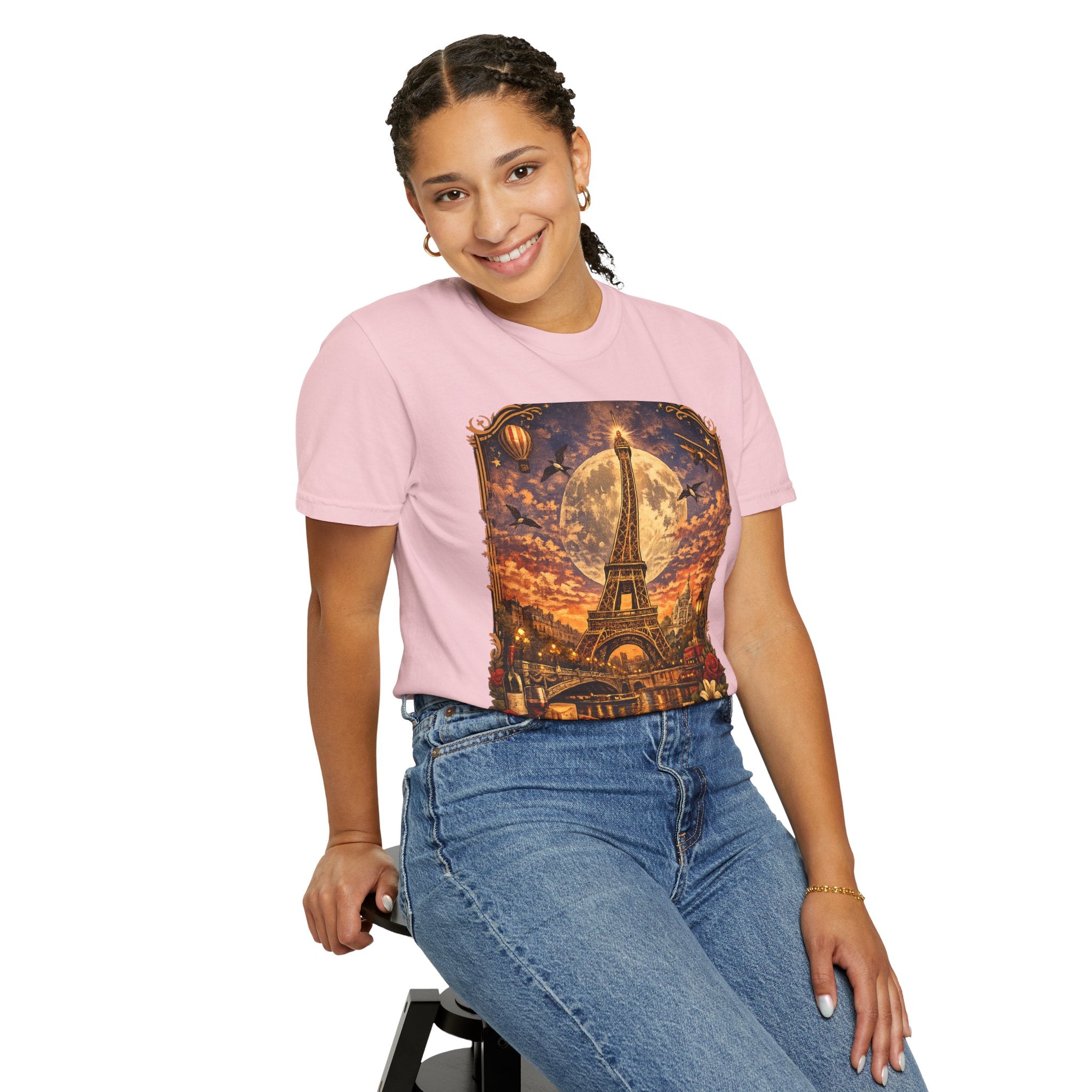 Eiffel Tower Paris Vintage Travel T-Shirt — Moonlit Scenic Souvenir Tee