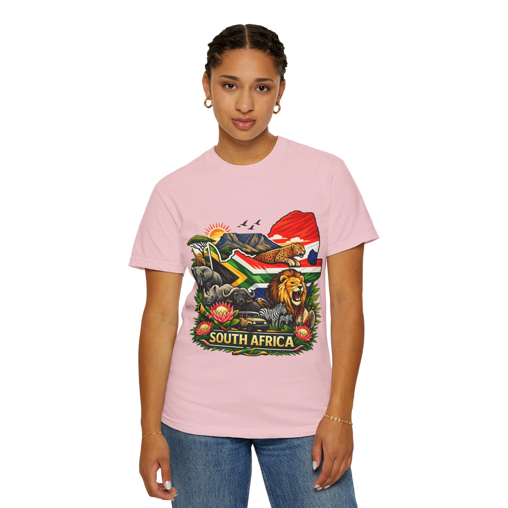 South Africa Wildlife Graphic T-Shirt — Lion, Rhino & Protea Design