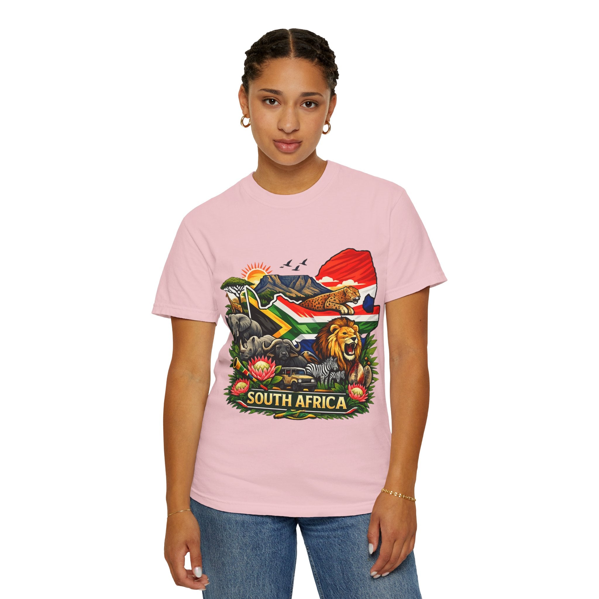 South Africa Wildlife Graphic T-Shirt — Lion, Rhino & Protea Design
