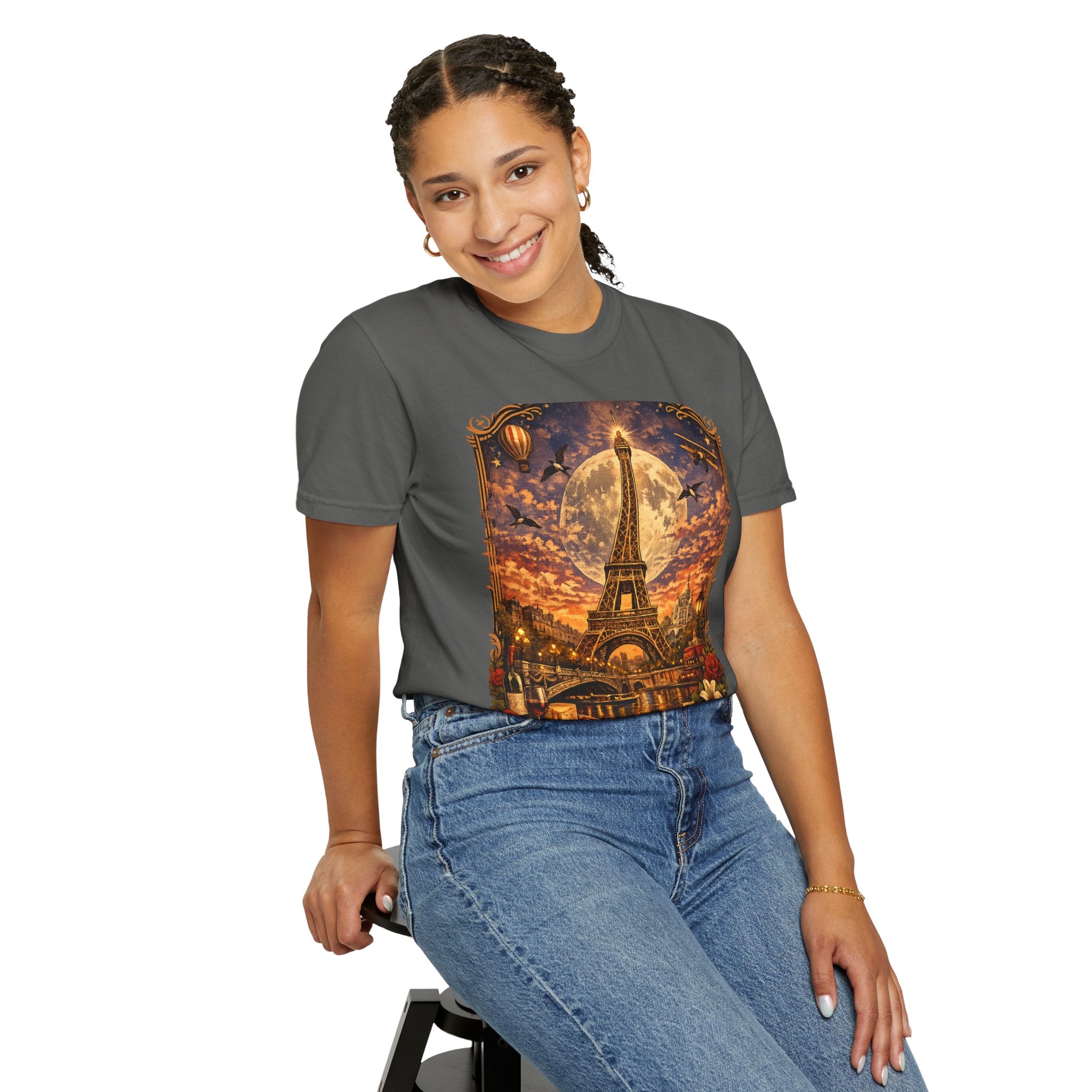 Eiffel Tower Paris Vintage Travel T-Shirt — Moonlit Scenic Souvenir Tee