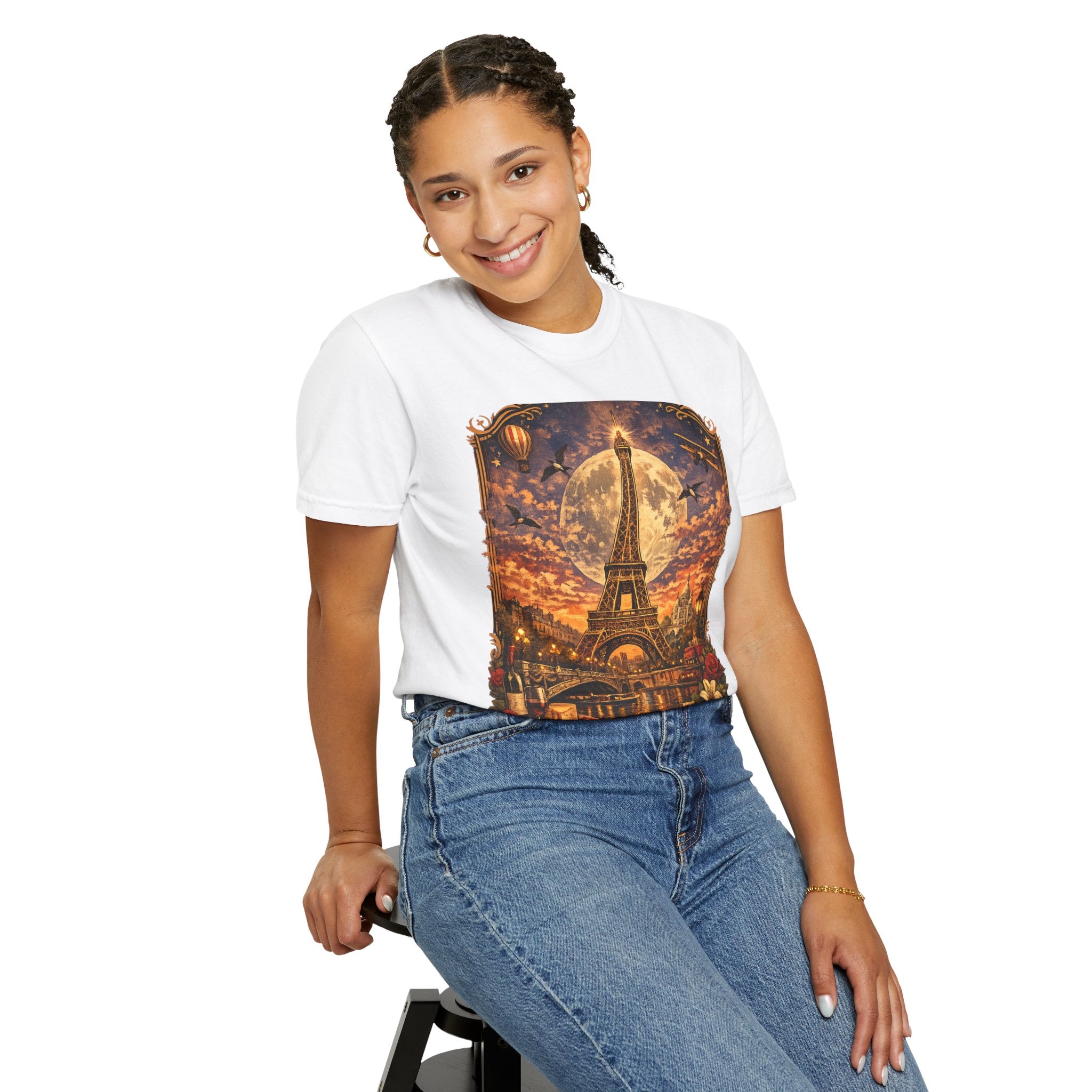 Eiffel Tower Paris Vintage Travel T-Shirt — Moonlit Scenic Souvenir Tee