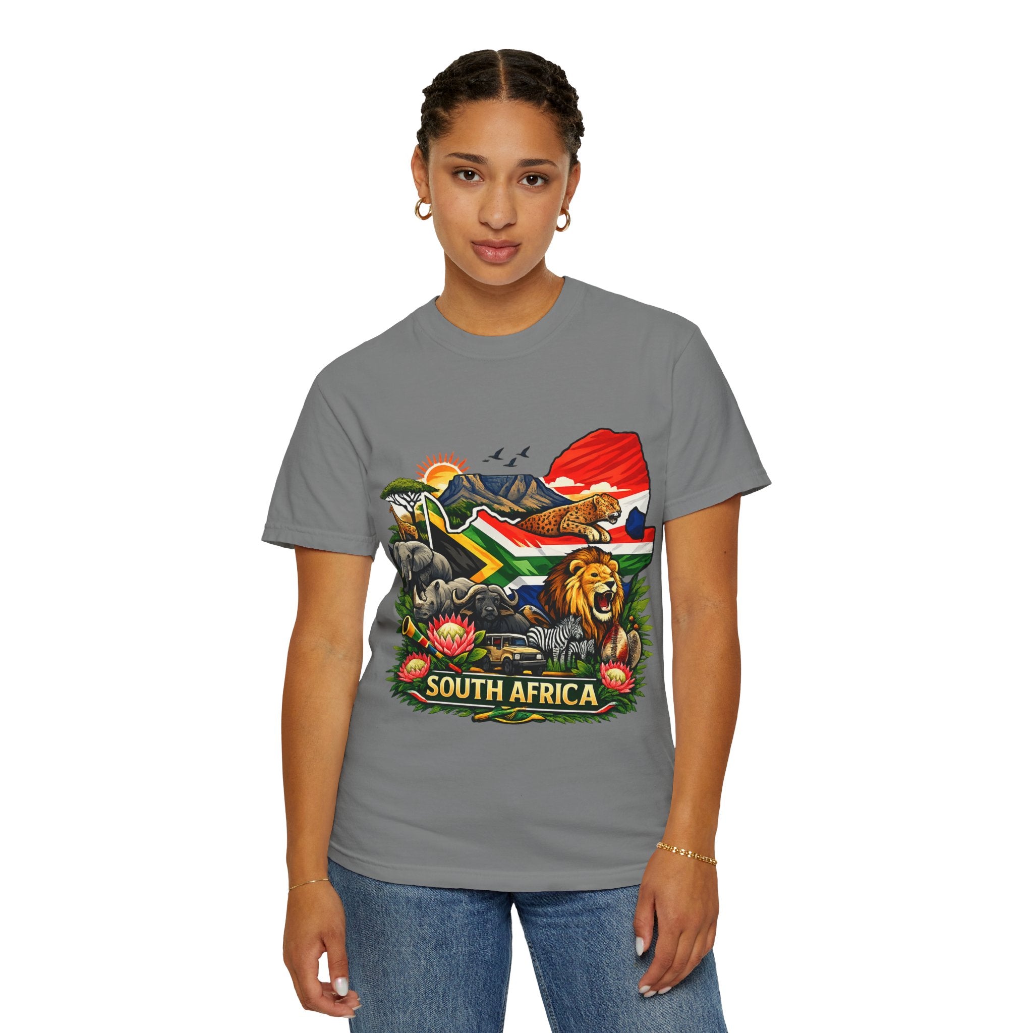 South Africa Wildlife Graphic T-Shirt — Lion, Rhino & Protea Design