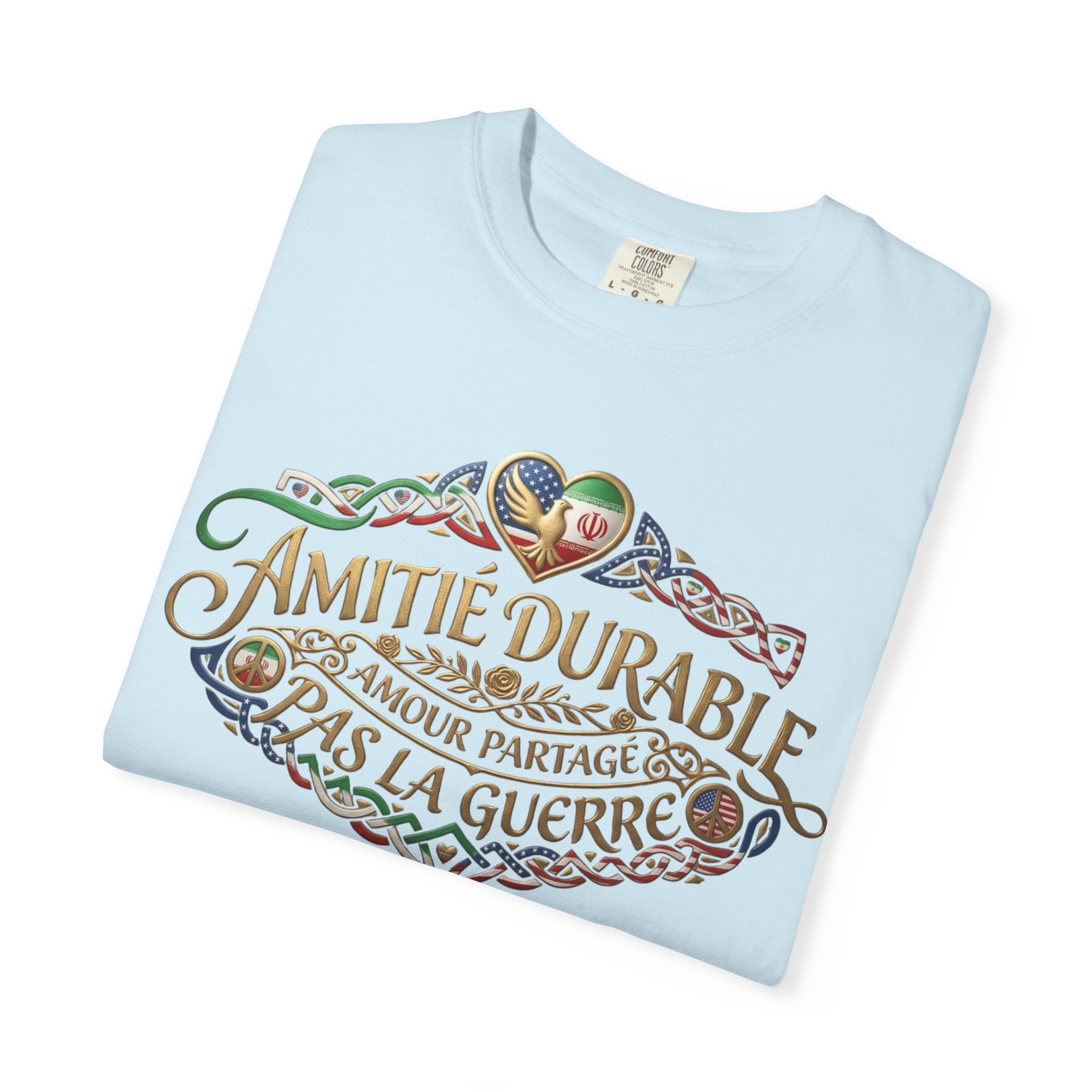 T-Shirt — "Amitié Durable, Amour Partagé, Pas la Guerre" Vintage Peace Heart Design