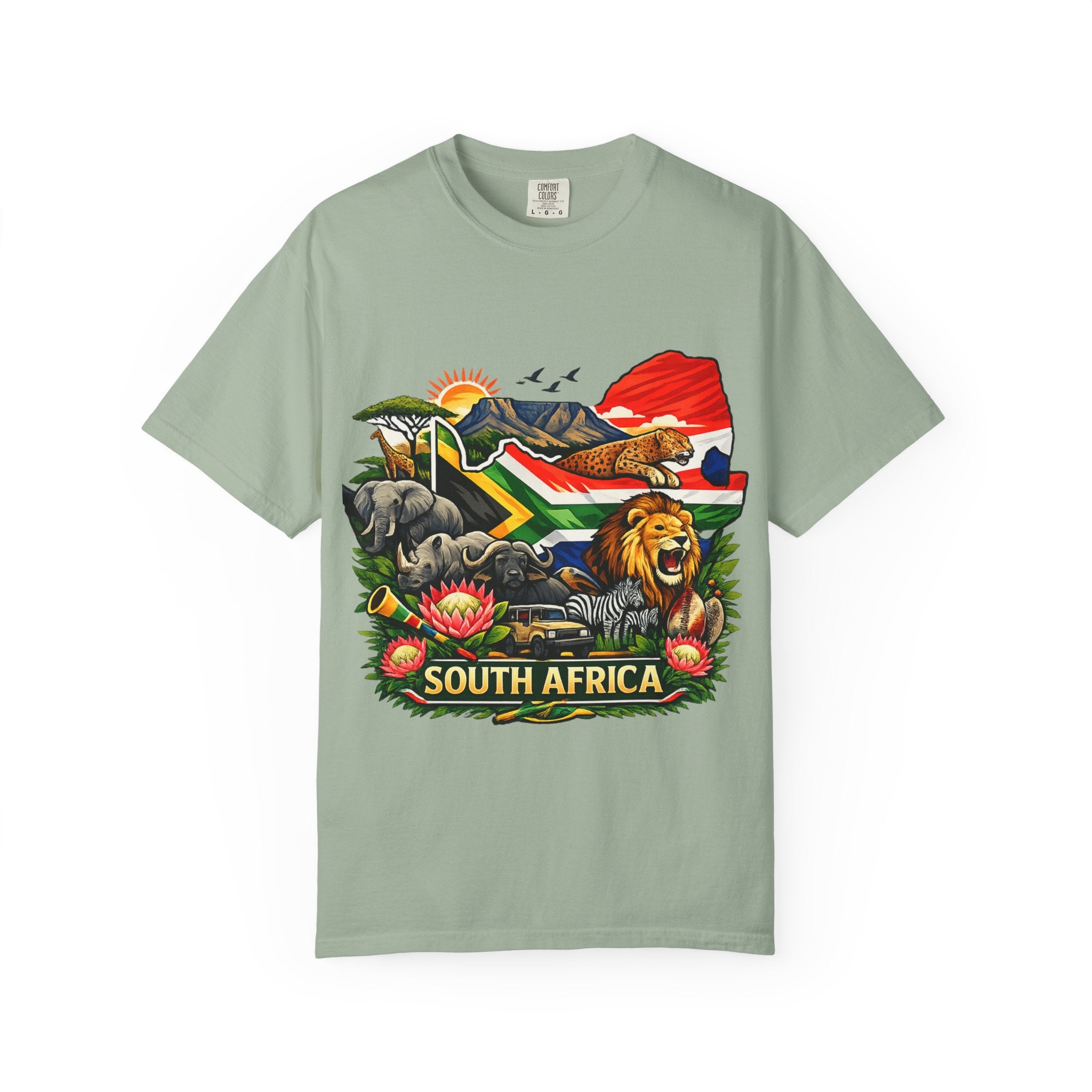 South Africa Wildlife Graphic T-Shirt — Lion, Rhino & Protea Design