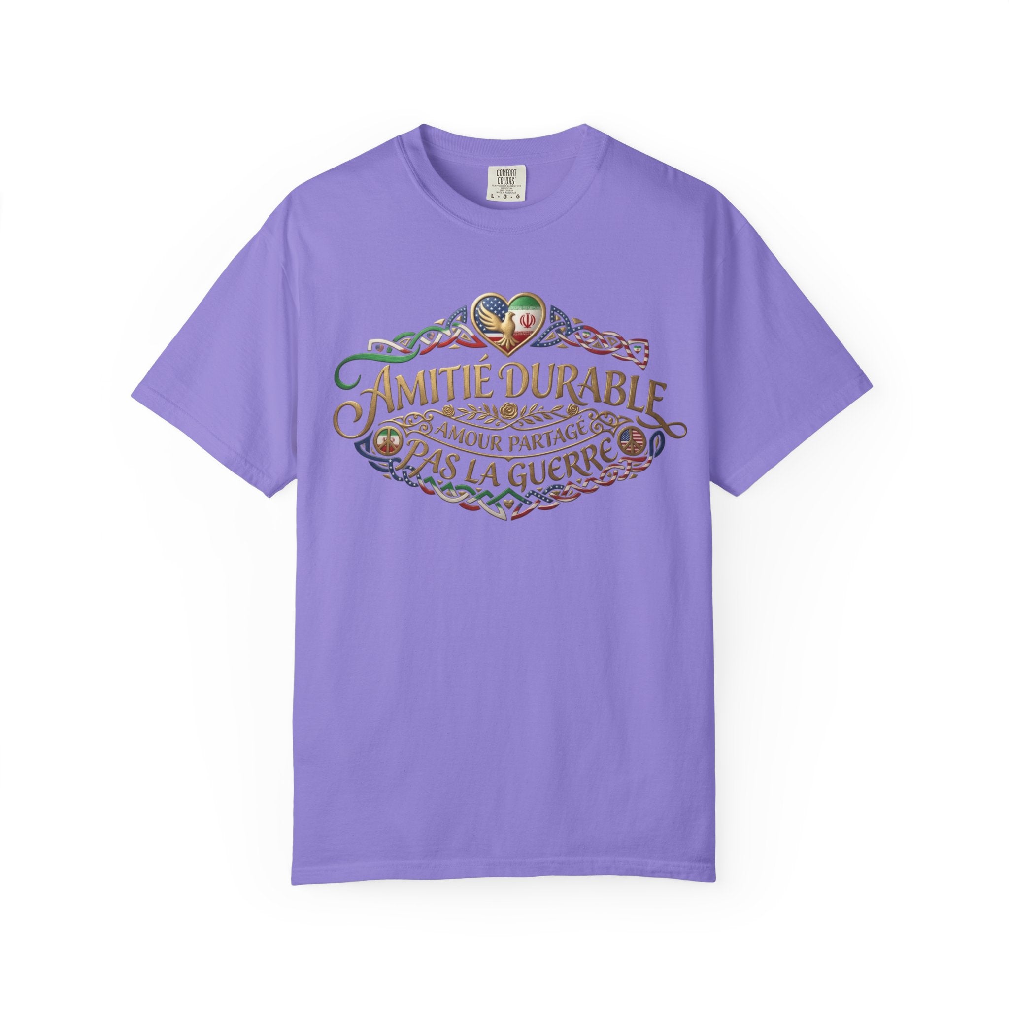 T-Shirt — "Amitié Durable, Amour Partagé, Pas la Guerre" Vintage Peace Heart Design