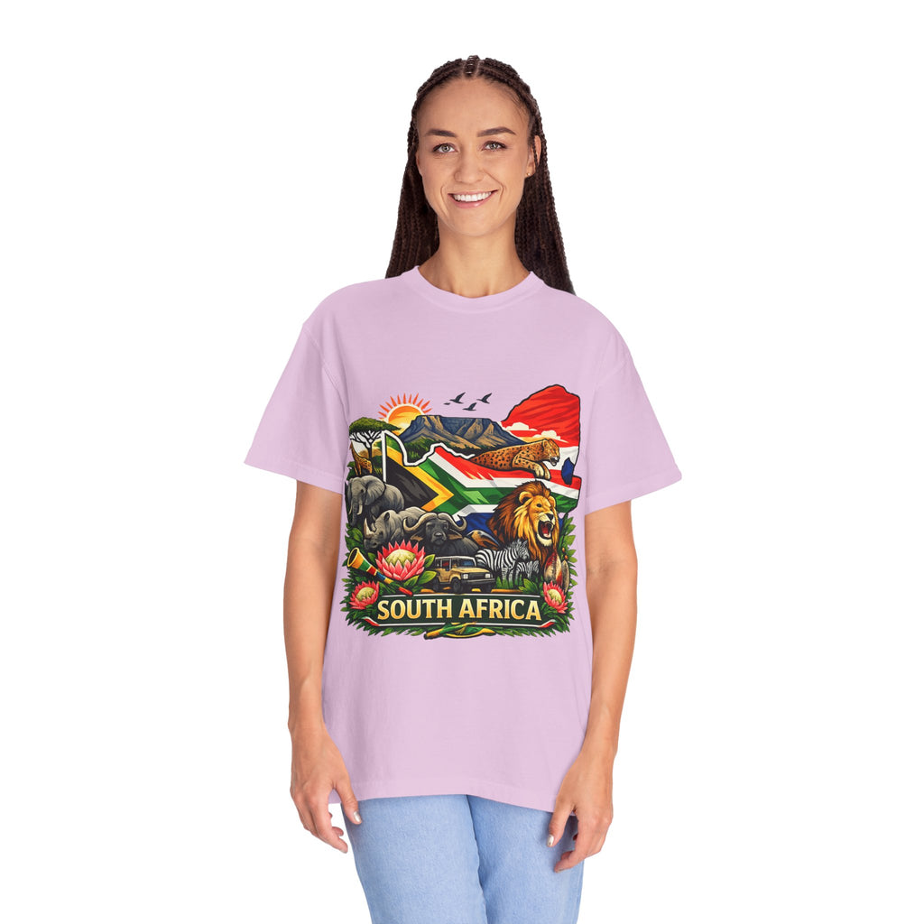 South Africa Wildlife Graphic T-Shirt — Lion, Rhino & Protea Design