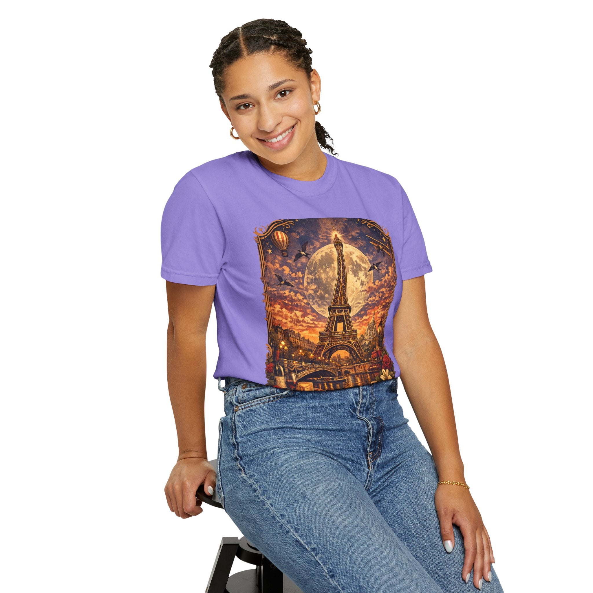 Eiffel Tower Paris Vintage Travel T-Shirt — Moonlit Scenic Souvenir Tee