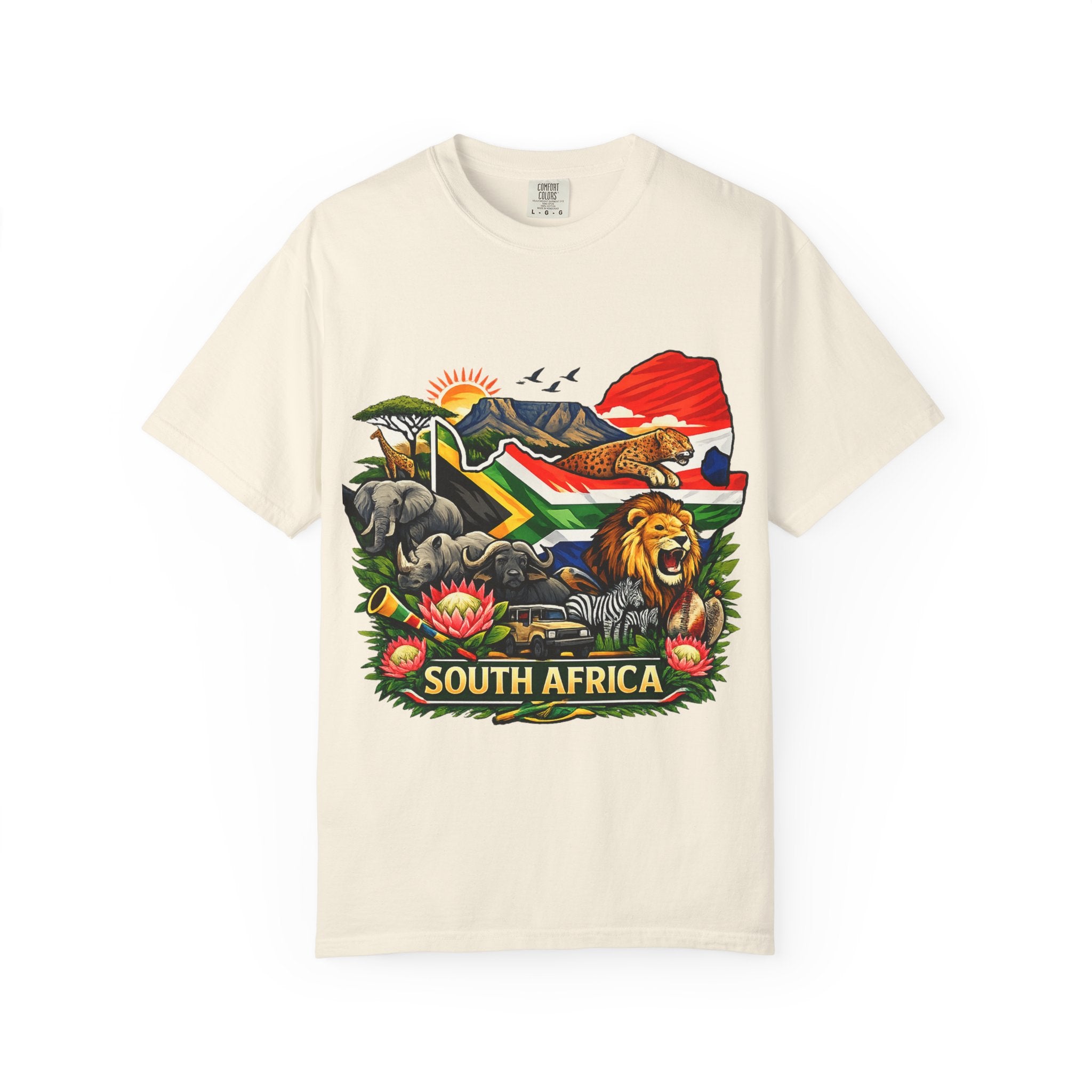 South Africa Wildlife Graphic T-Shirt — Lion, Rhino & Protea Design