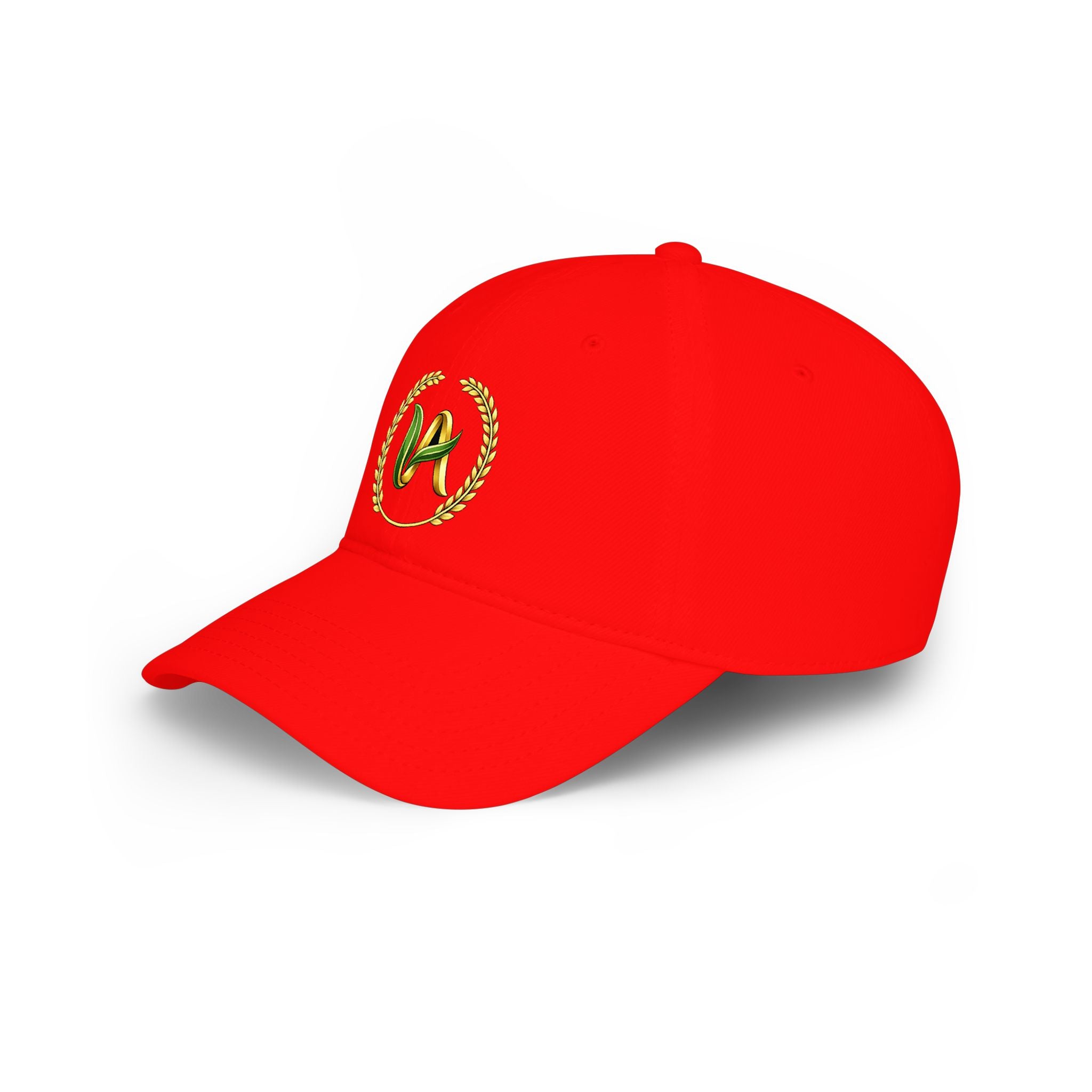 Red Low-Profile Baseball Cap with Golden Laurel & Leaf Embroidery