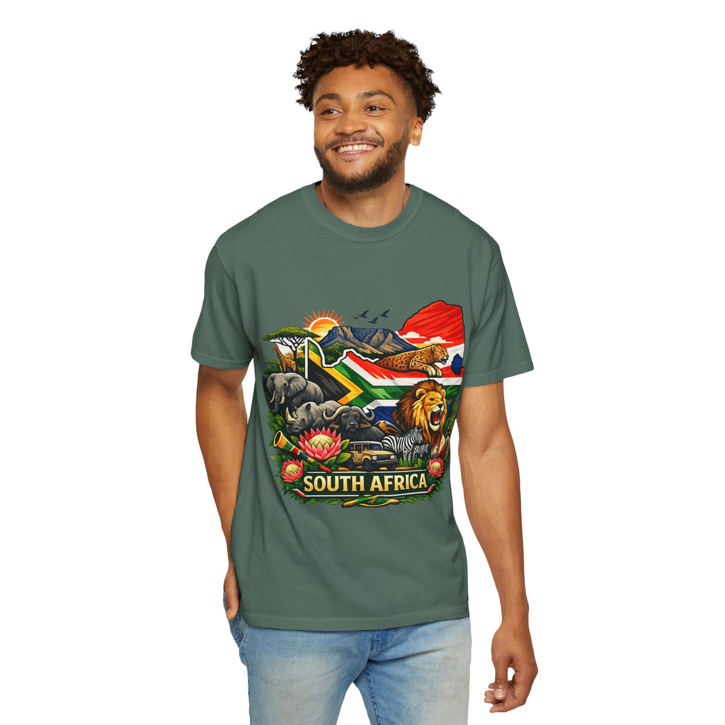 South Africa Wildlife Graphic T-Shirt — Lion, Rhino & Protea Design