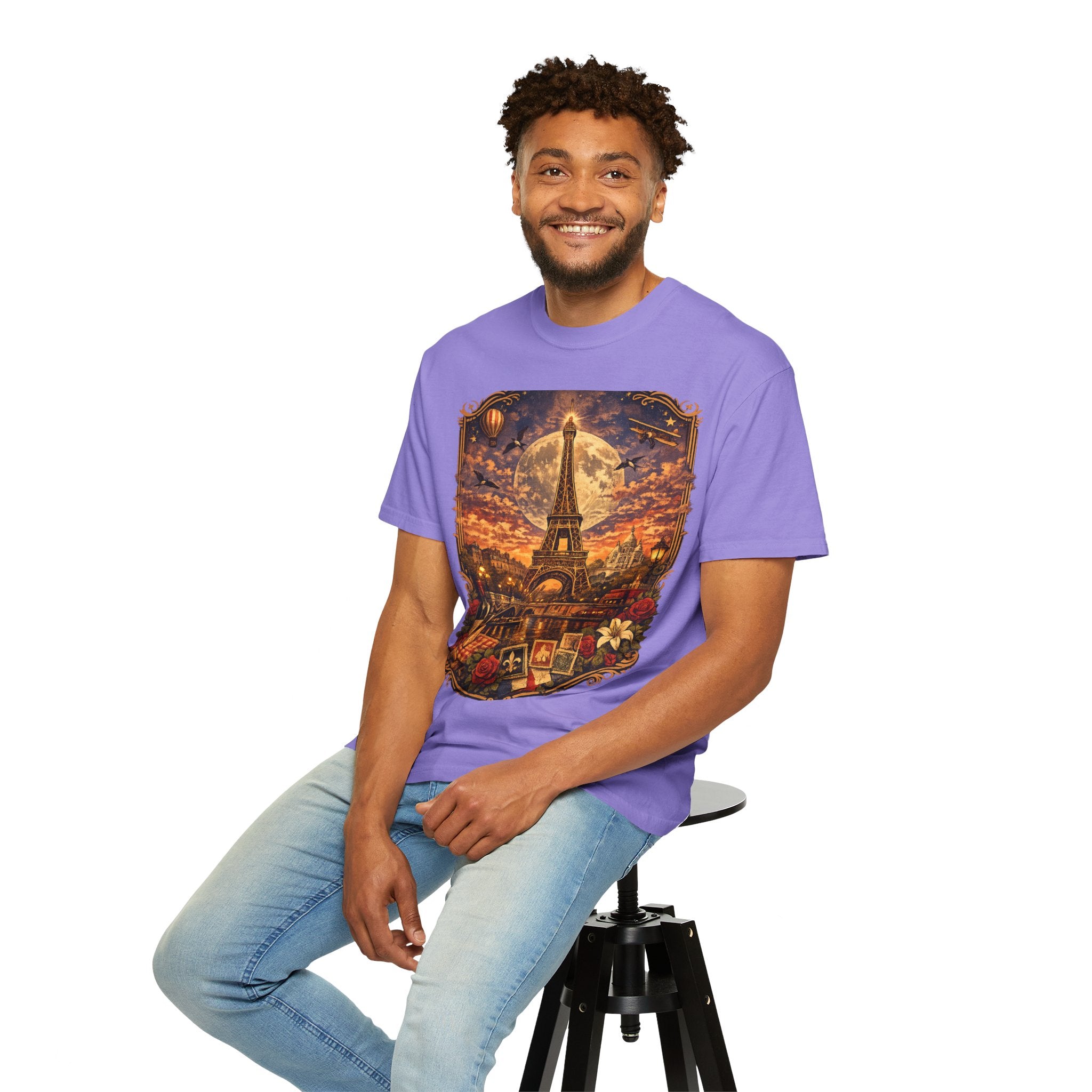 Eiffel Tower Paris Vintage Travel T-Shirt — Moonlit Scenic Souvenir Tee