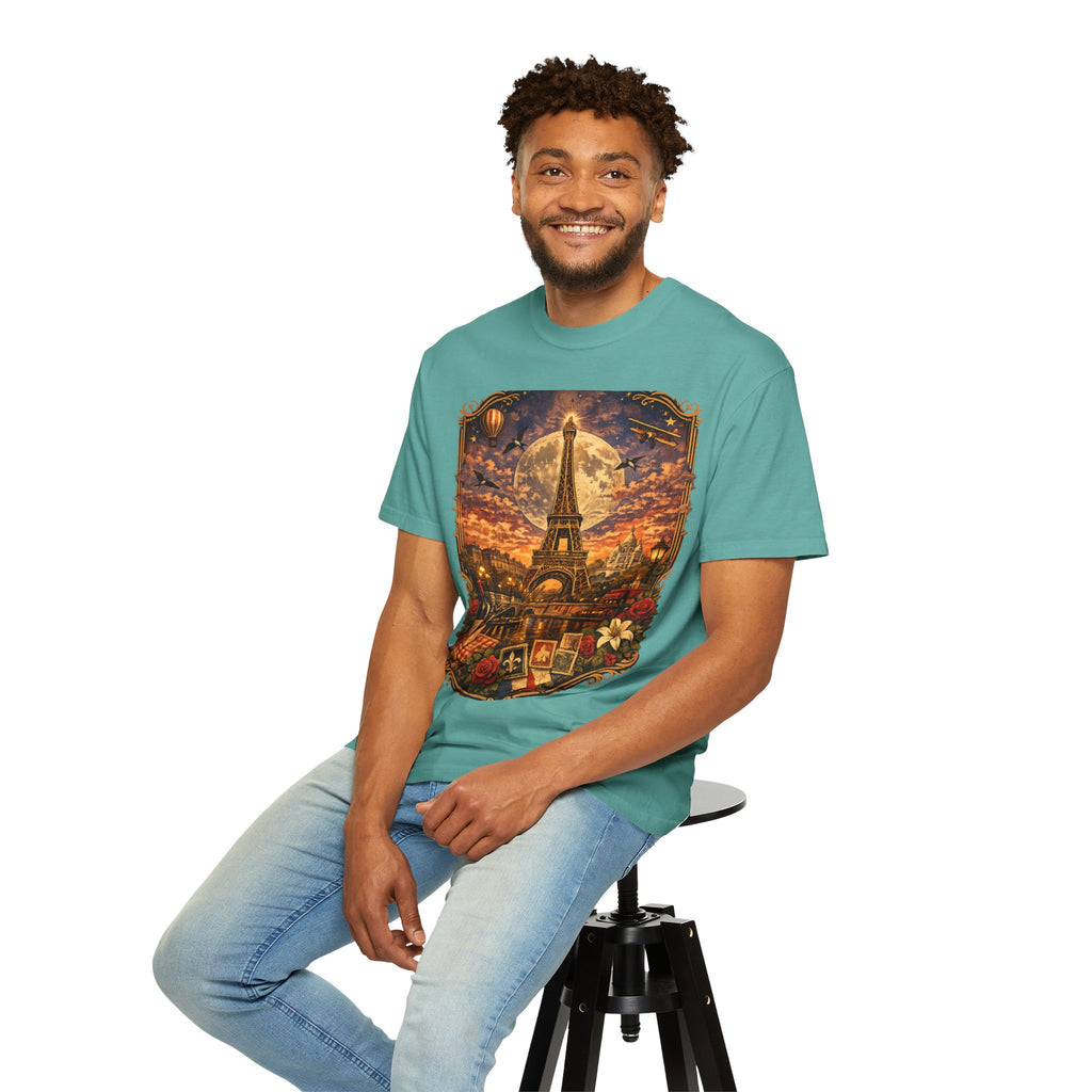 Eiffel Tower Paris Vintage Travel T-Shirt — Moonlit Scenic Souvenir Tee