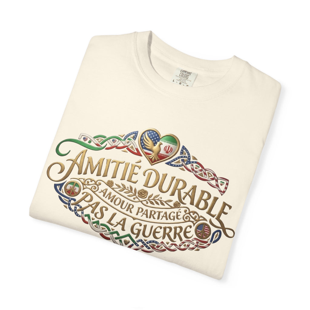 T-Shirt — "Amitié Durable, Amour Partagé, Pas la Guerre" Vintage Peace Heart Design