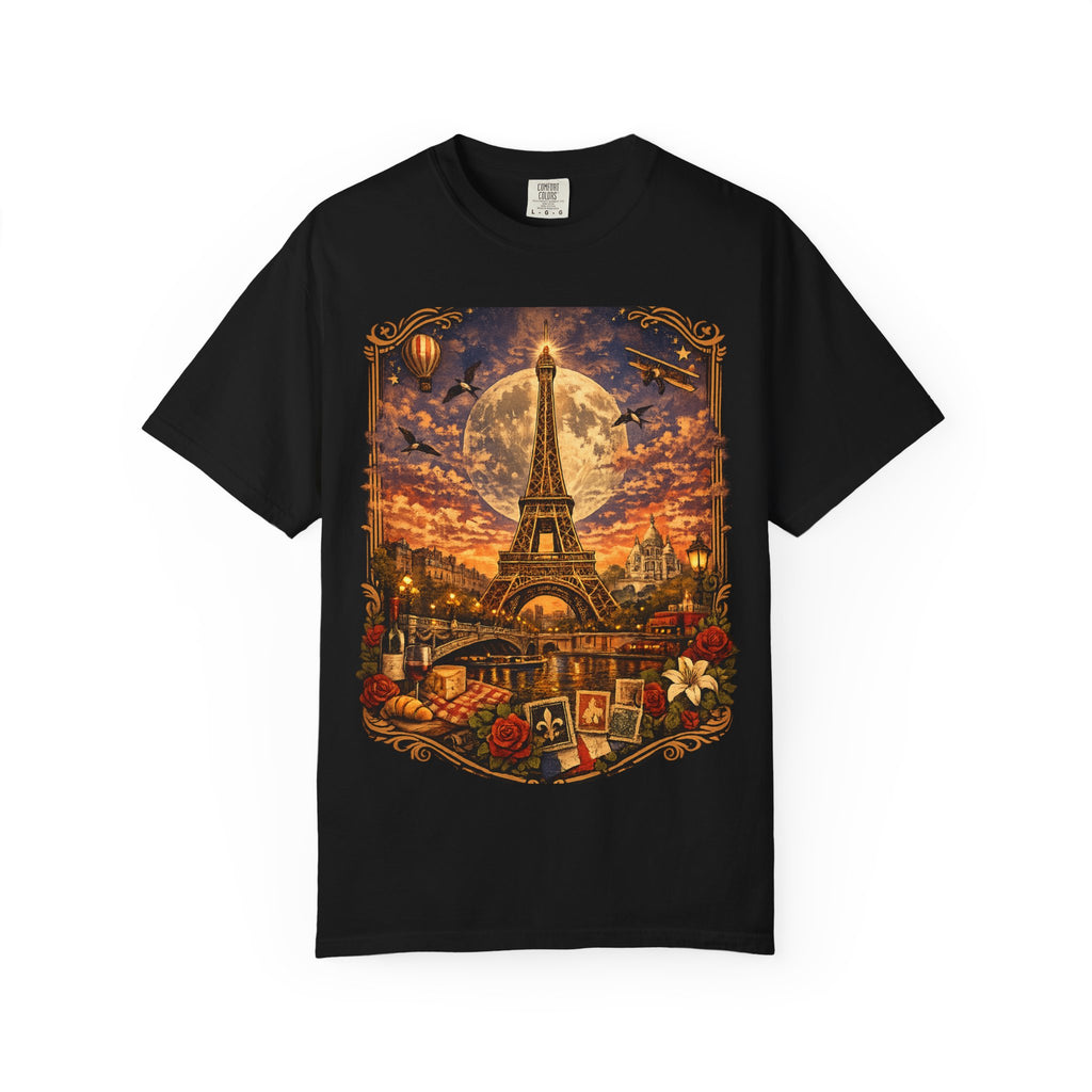 Eiffel Tower Paris Vintage Travel T-Shirt — Moonlit Scenic Souvenir Tee