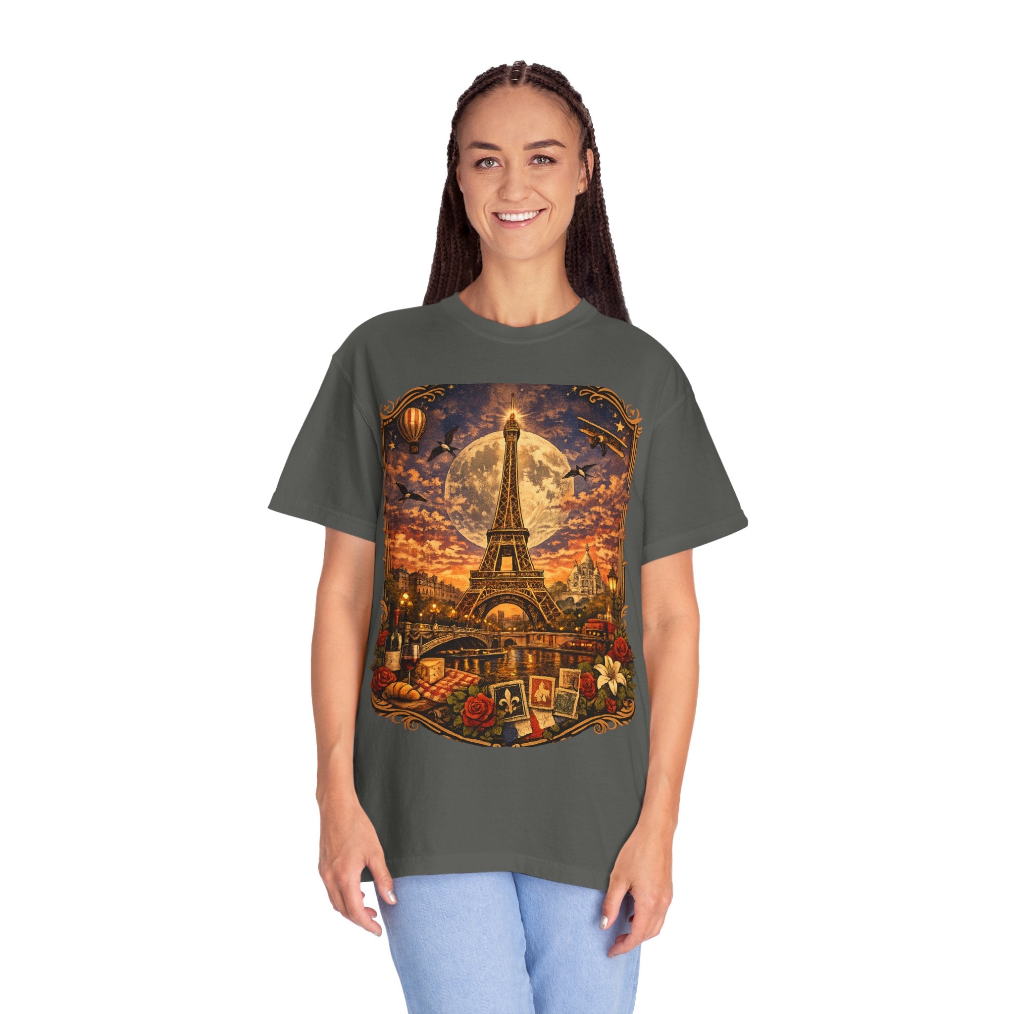 Eiffel Tower Paris Vintage Travel T-Shirt — Moonlit Scenic Souvenir Tee