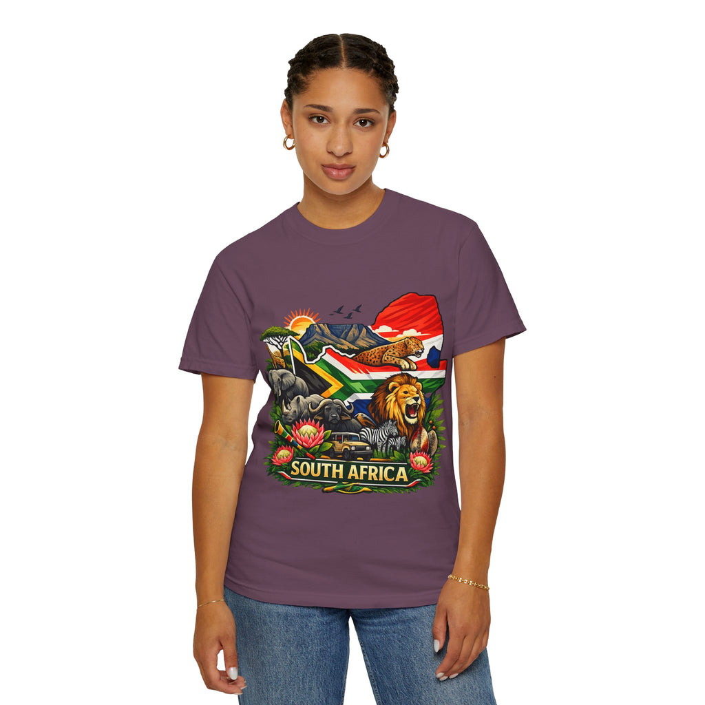 South Africa Wildlife Graphic T-Shirt — Lion, Rhino & Protea Design