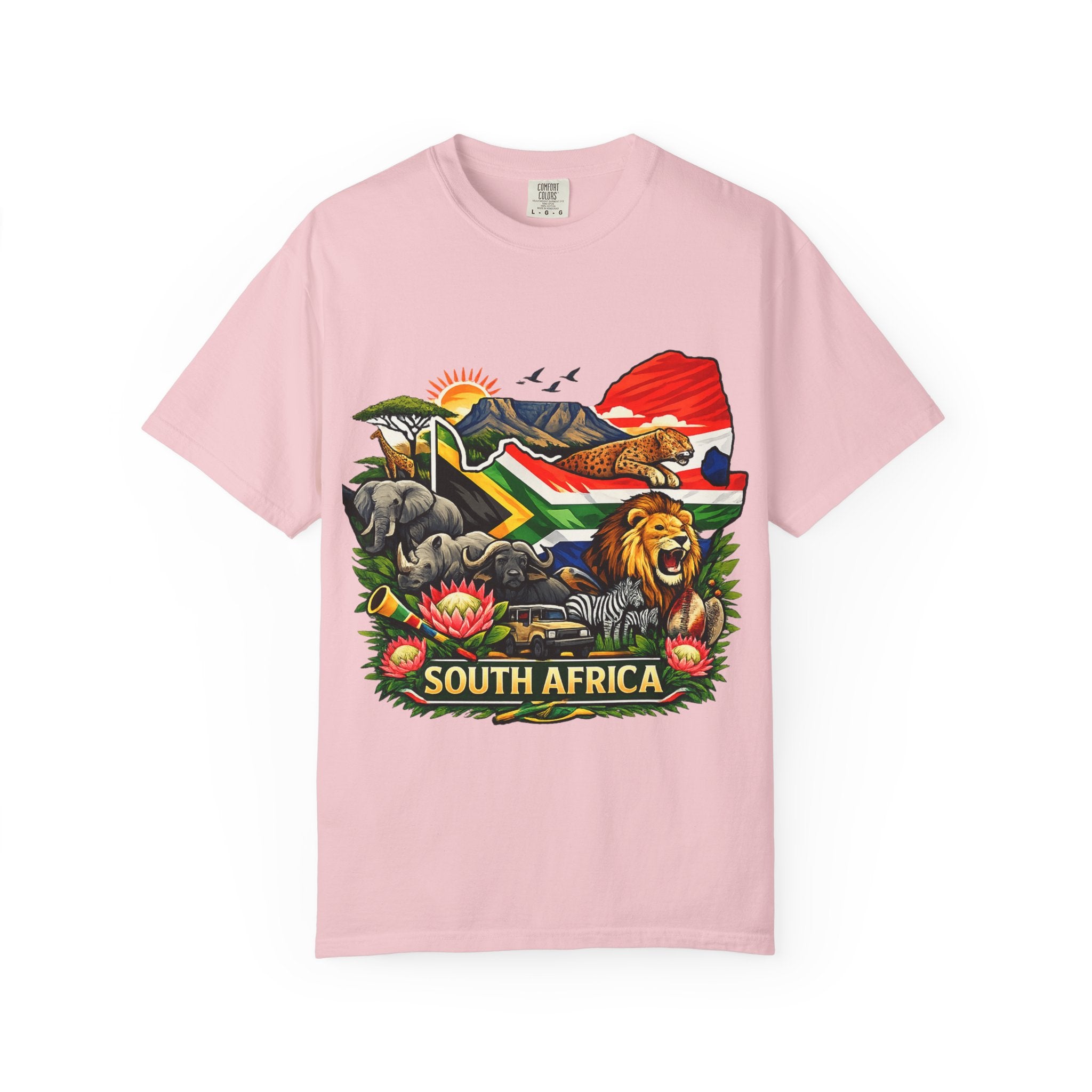 South Africa Wildlife Graphic T-Shirt — Lion, Rhino & Protea Design
