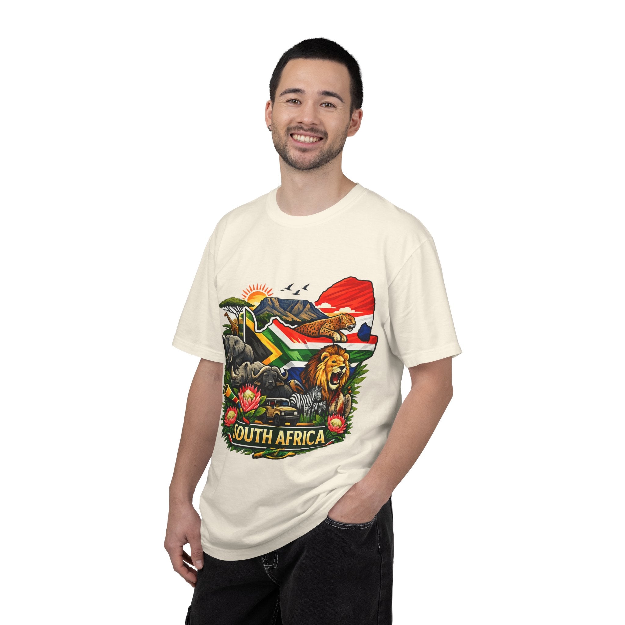 South Africa Wildlife Graphic T-Shirt — Lion, Rhino & Protea Design