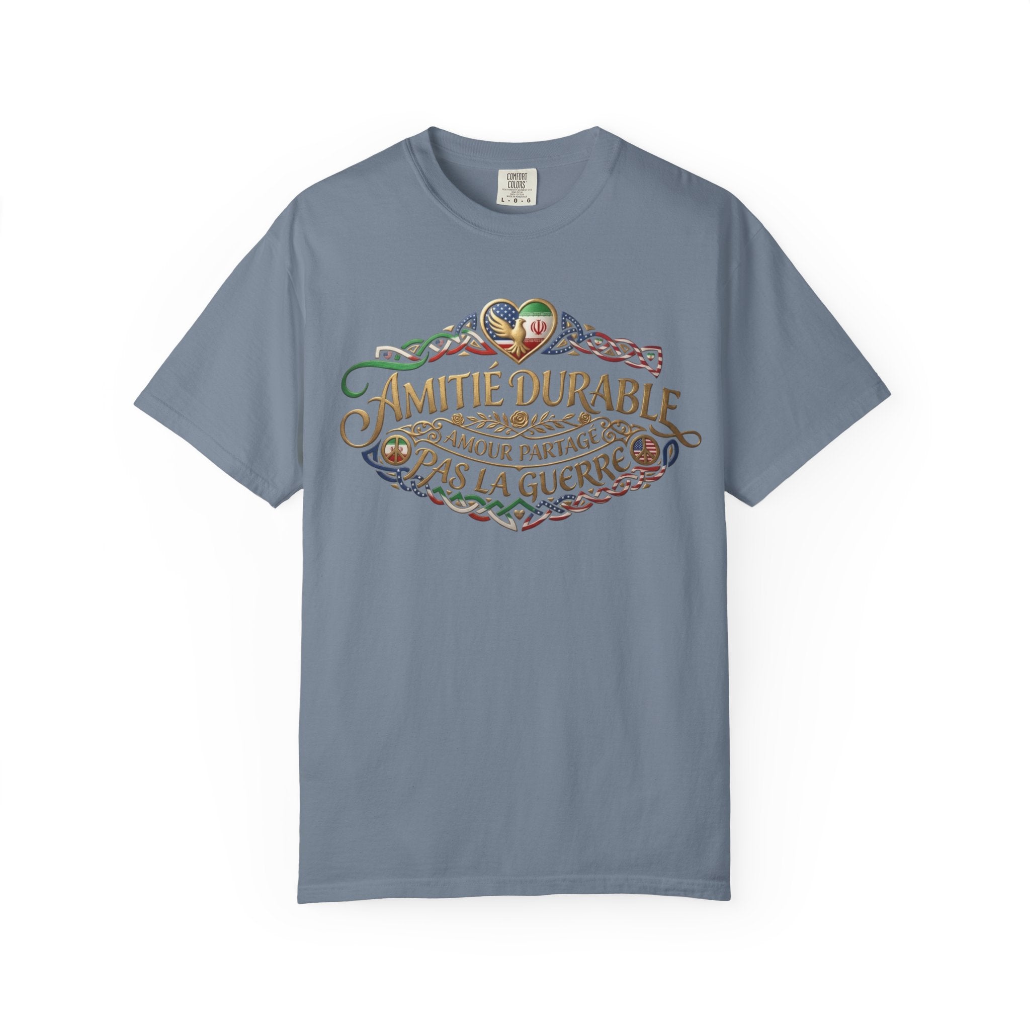 T-Shirt — "Amitié Durable, Amour Partagé, Pas la Guerre" Vintage Peace Heart Design