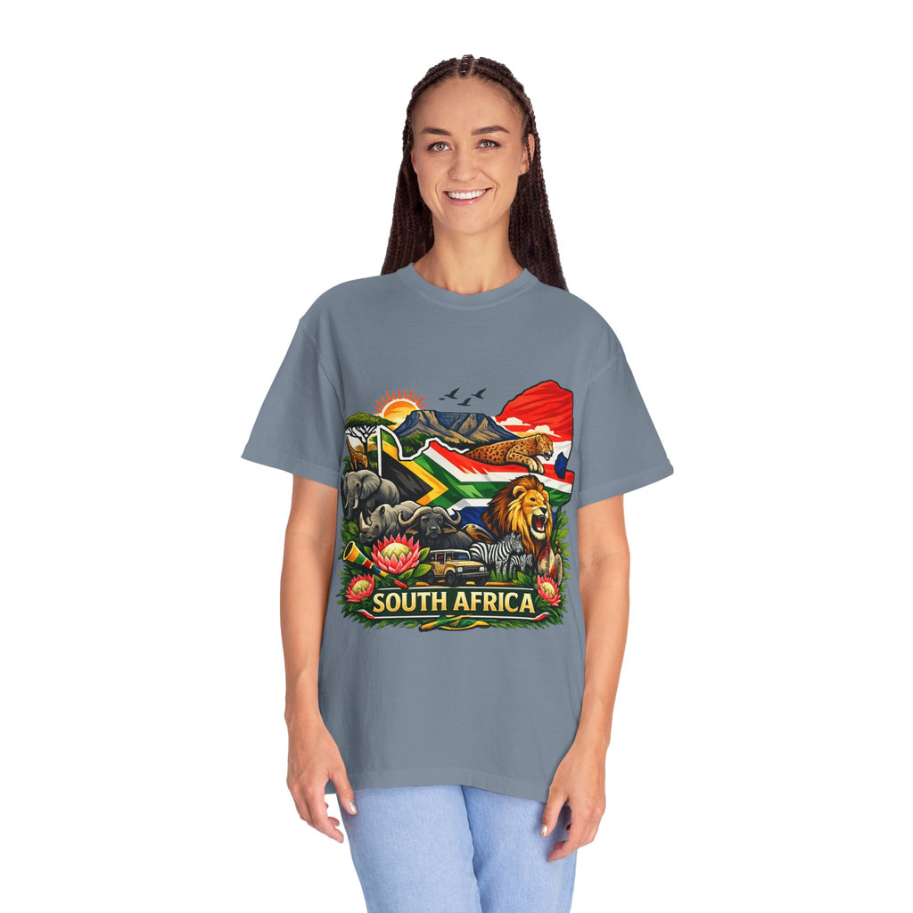 South Africa Wildlife Graphic T-Shirt — Lion, Rhino & Protea Design