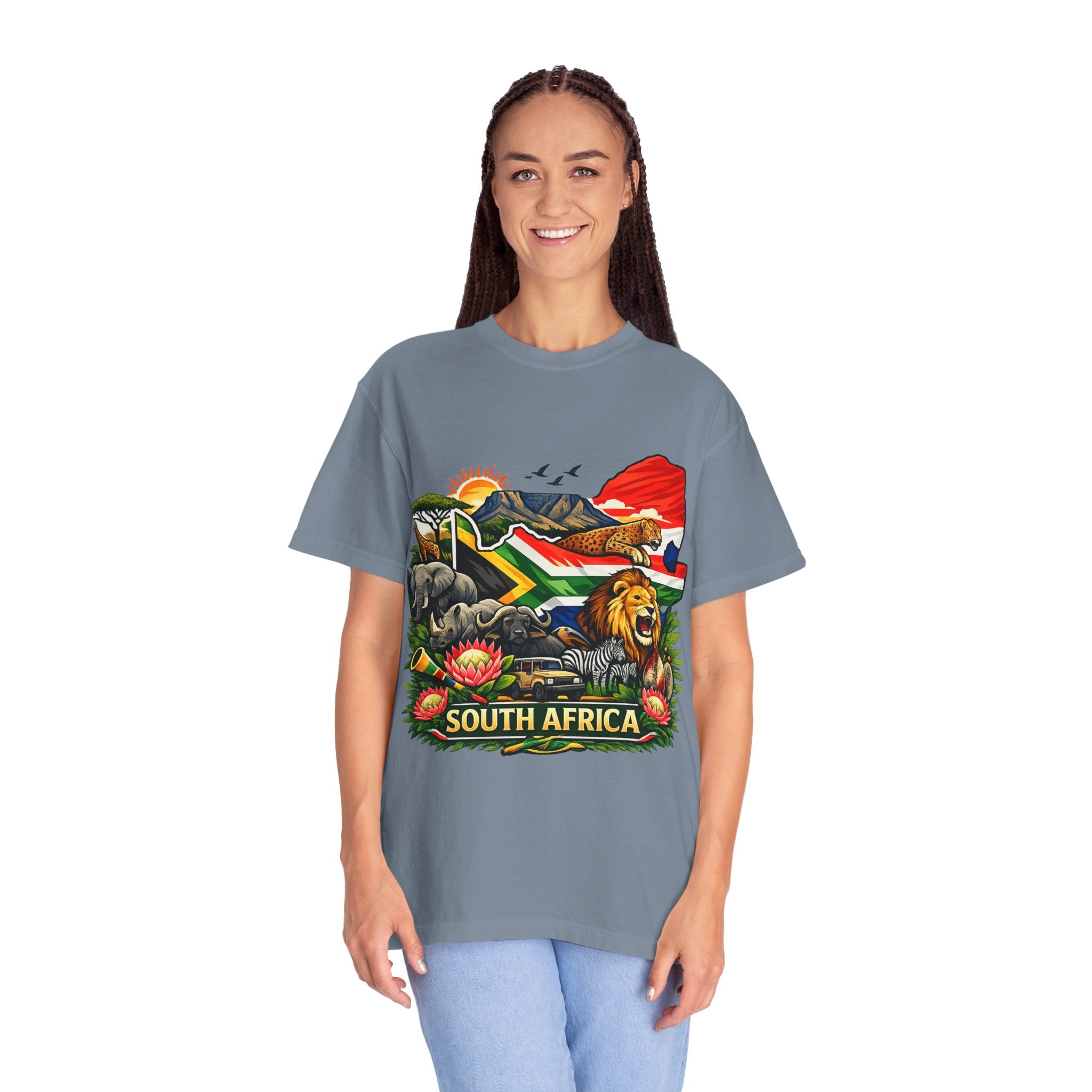 South Africa Wildlife Graphic T-Shirt — Lion, Rhino & Protea Design