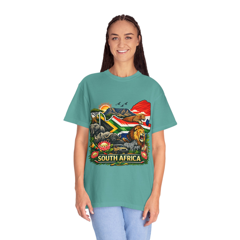 South Africa Wildlife Graphic T-Shirt — Lion, Rhino & Protea Design