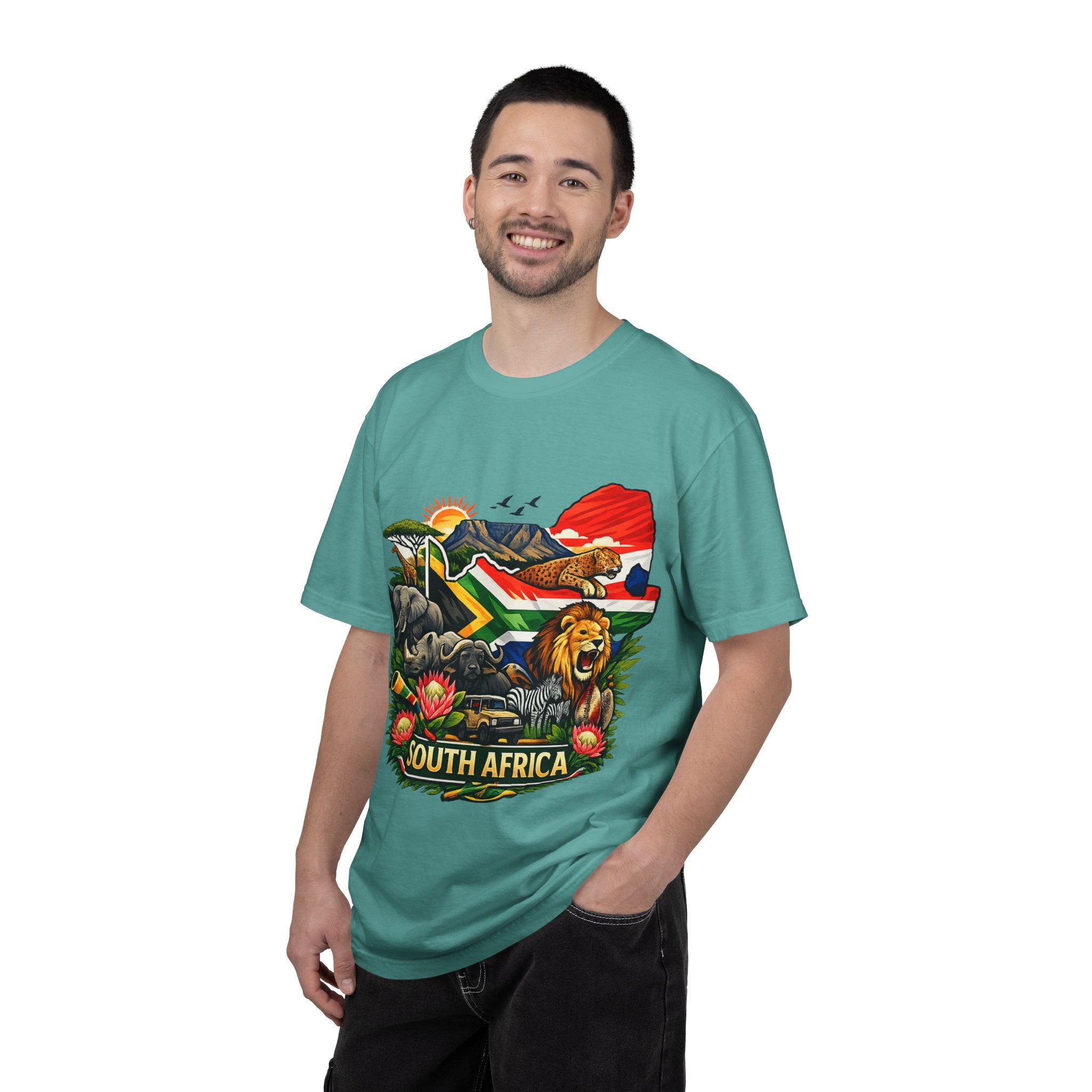 South Africa Wildlife Graphic T-Shirt — Lion, Rhino & Protea Design