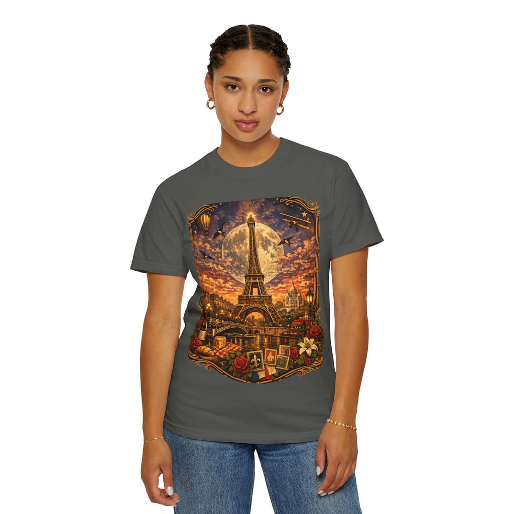 Eiffel Tower Paris Vintage Travel T-Shirt — Moonlit Scenic Souvenir Tee