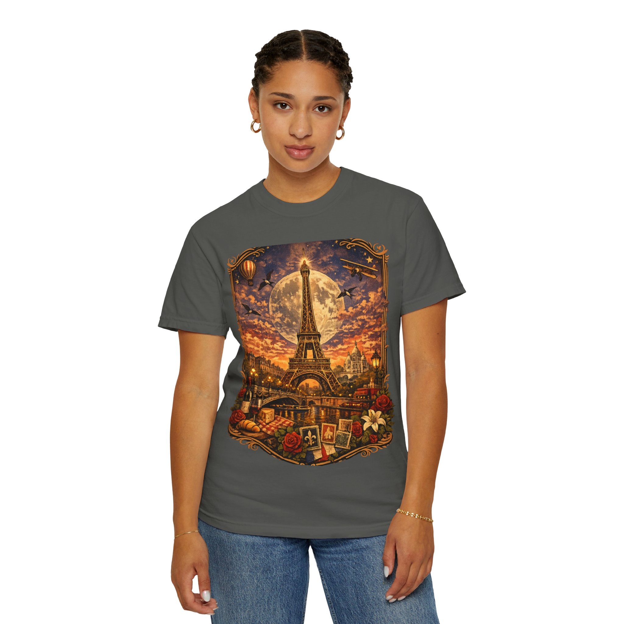 Eiffel Tower Paris Vintage Travel T-Shirt — Moonlit Scenic Souvenir Tee