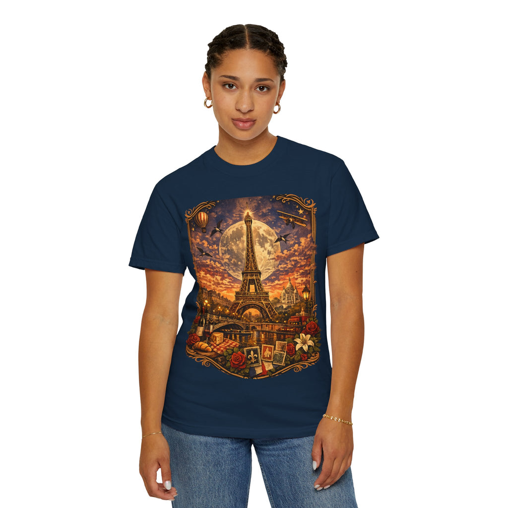 Eiffel Tower Paris Vintage Travel T-Shirt — Moonlit Scenic Souvenir Tee
