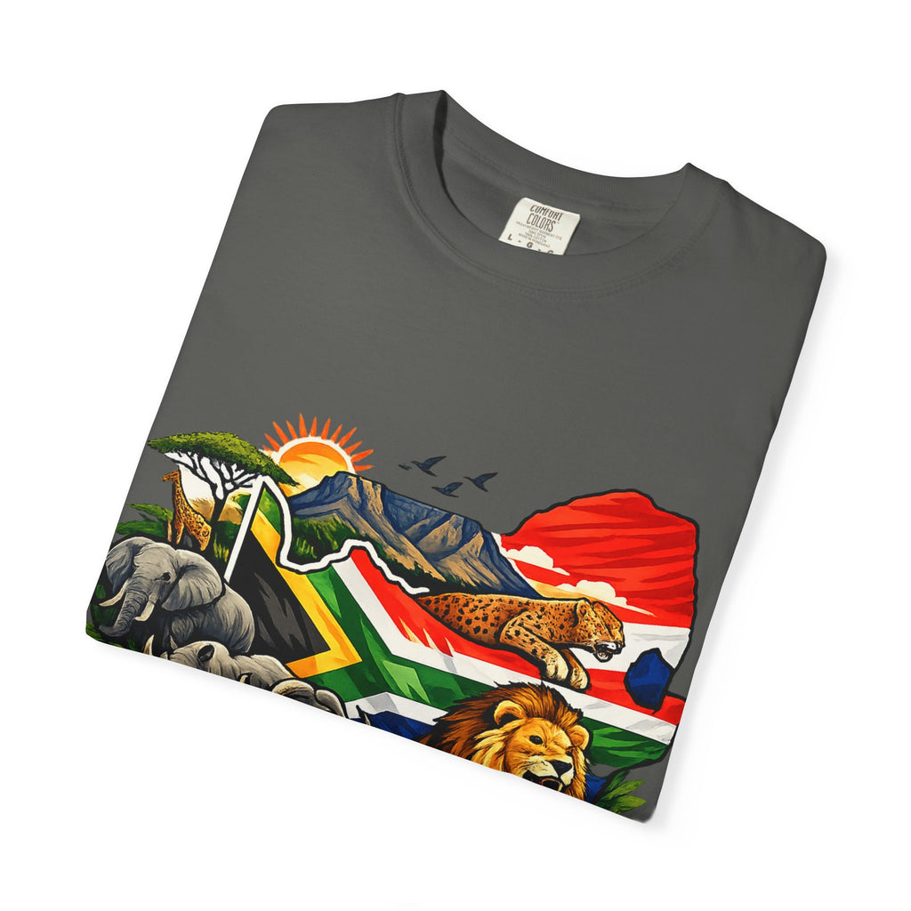 South Africa Wildlife Graphic T-Shirt — Lion, Rhino & Protea Design