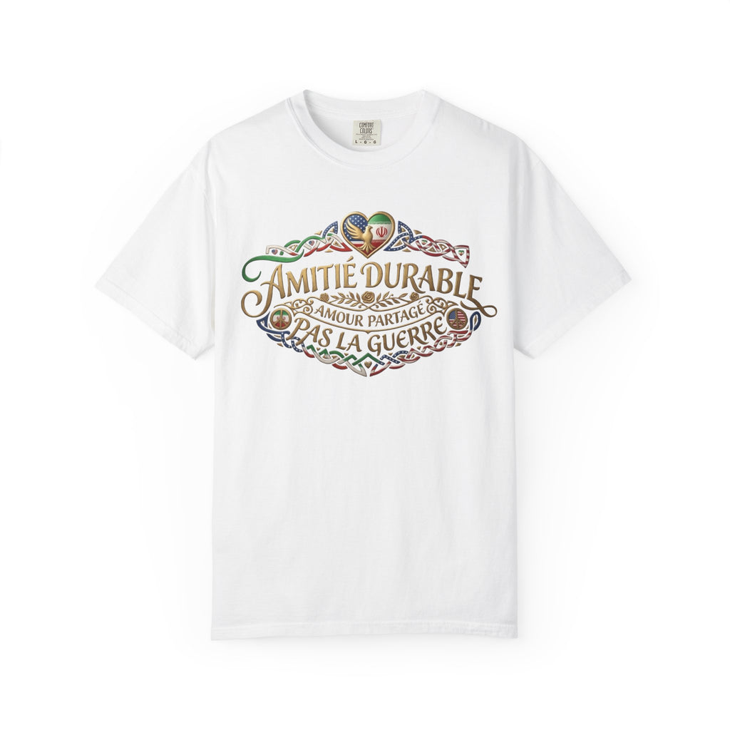 T-Shirt — "Amitié Durable, Amour Partagé, Pas la Guerre" Vintage Peace Heart Design