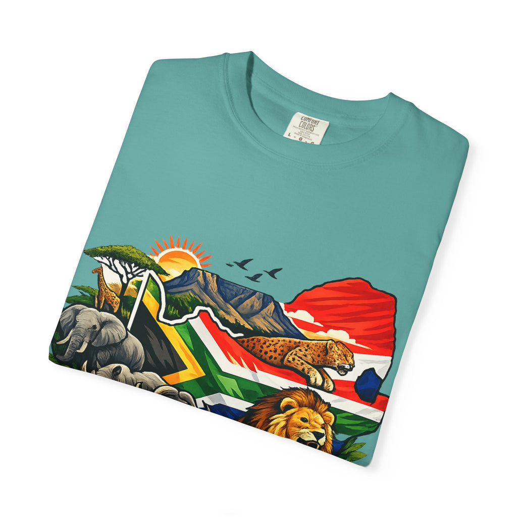 South Africa Wildlife Graphic T-Shirt — Lion, Rhino & Protea Design