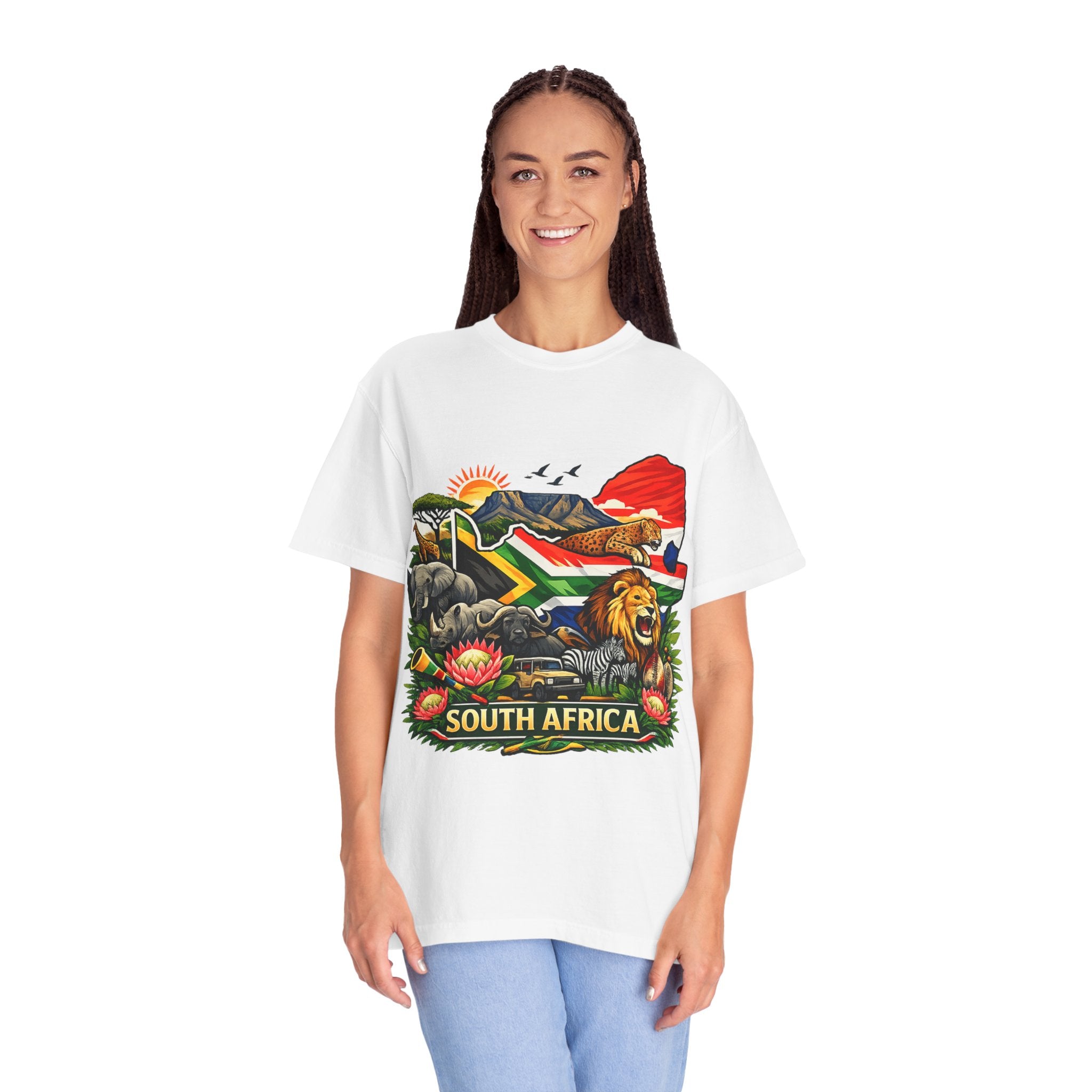 South Africa Wildlife Graphic T-Shirt — Lion, Rhino & Protea Design