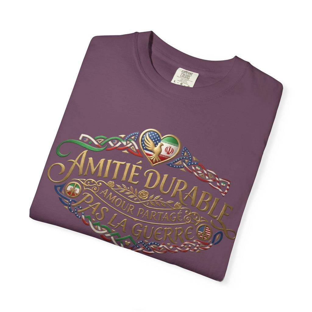 T-Shirt — "Amitié Durable, Amour Partagé, Pas la Guerre" Vintage Peace Heart Design