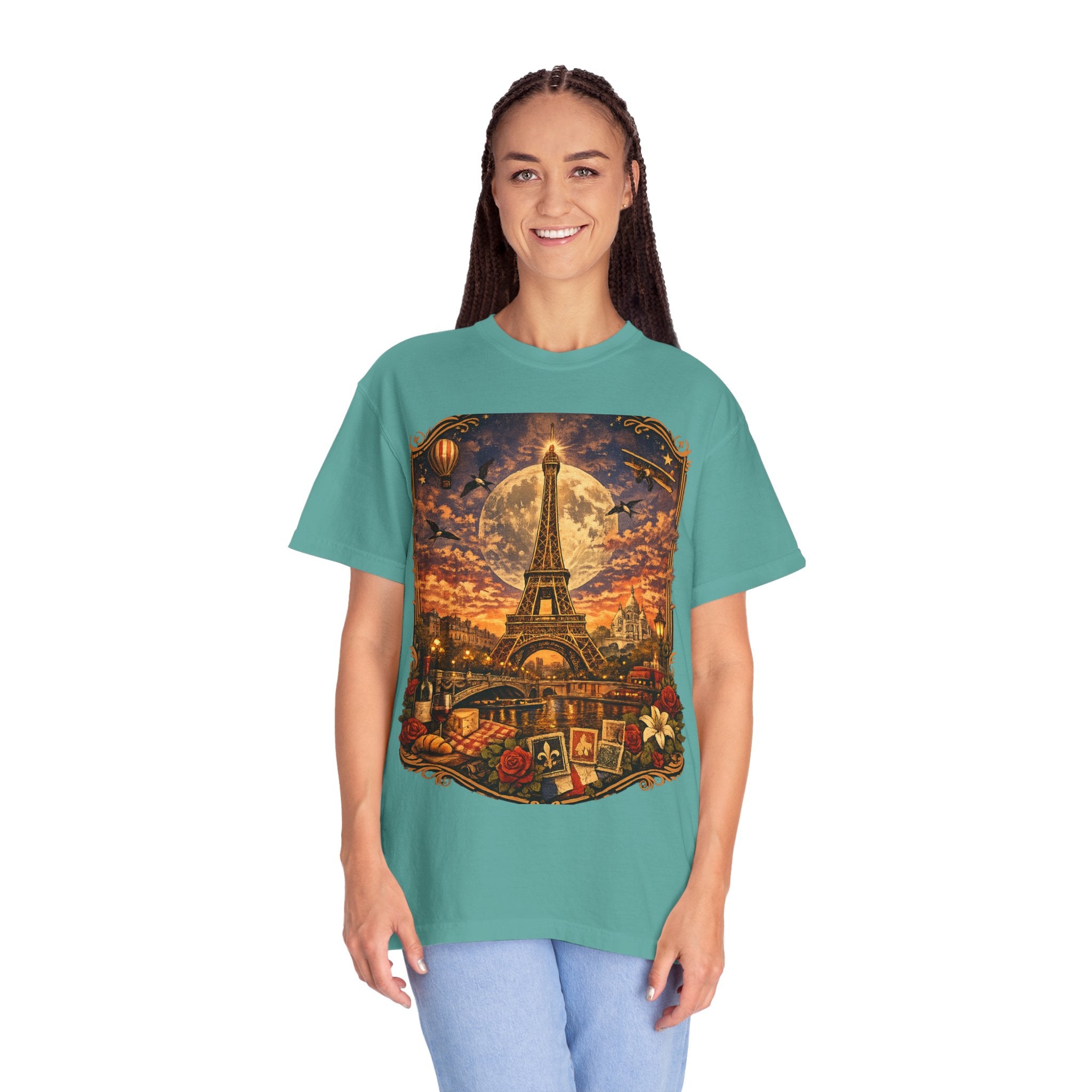 Eiffel Tower Paris Vintage Travel T-Shirt — Moonlit Scenic Souvenir Tee