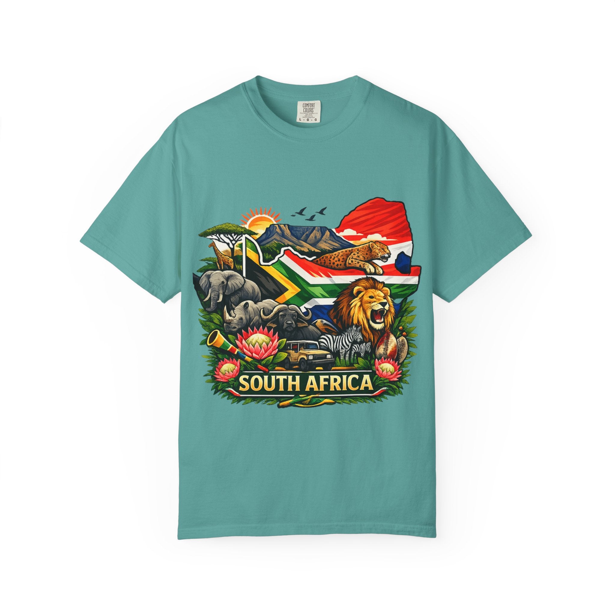 South Africa Wildlife Graphic T-Shirt — Lion, Rhino & Protea Design